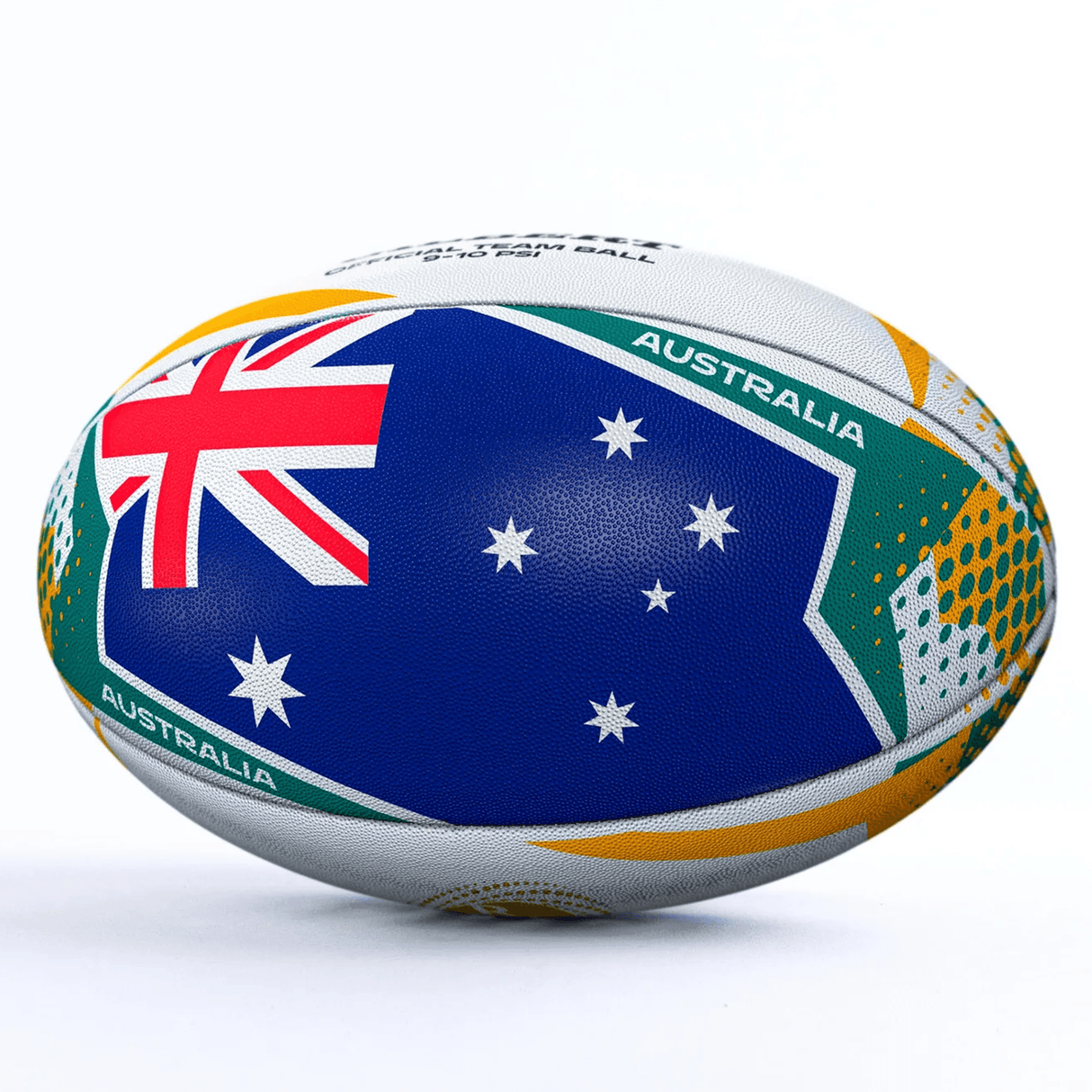 The Women's Rugby World Cup 25 Australia Team Ball by Gilbert features green and yellow accents, the word "Australia," and the Australian flag—perfect for any supporter of the Australia Team.