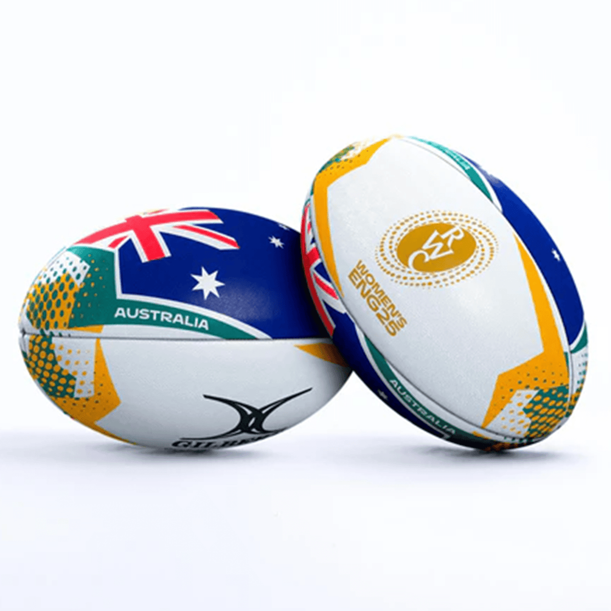 The Gilbert Women's Rugby World Cup 25 Australia Team Ball features the national colors and flag, displayed against a white background—ideal for fans and collectors of Australia team or Women's Rugby World Cup memorabilia.