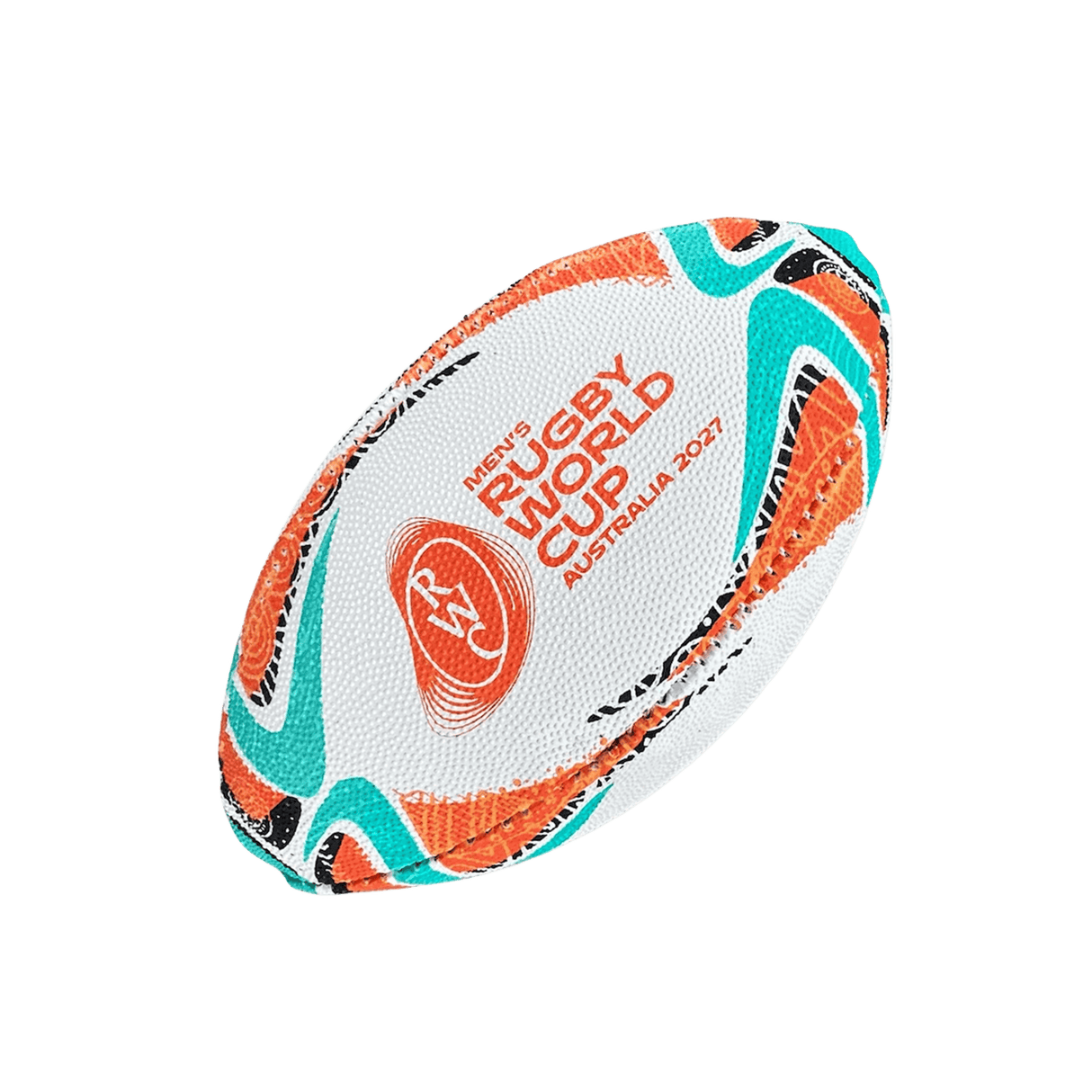 The Rugby World Cup 2027 Australia Mini Ball by Gilbert features white, orange, teal, and black patterns, “Men’s Rugby World Cup Australia 2027” text, and the tournament logo—a perfect commemorative mini rugby ball for fans.