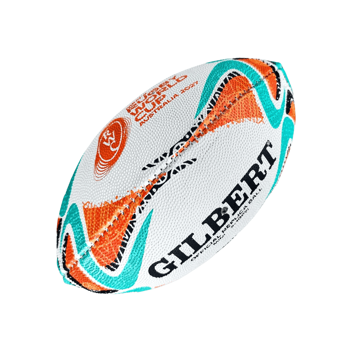 The Gilbert Rugby World Cup 2027 Australia Mini Ball features orange, teal, and black patterns with the tournament logo—perfect as a replica rugby ball for fans ahead of Rugby World Cup 2027.