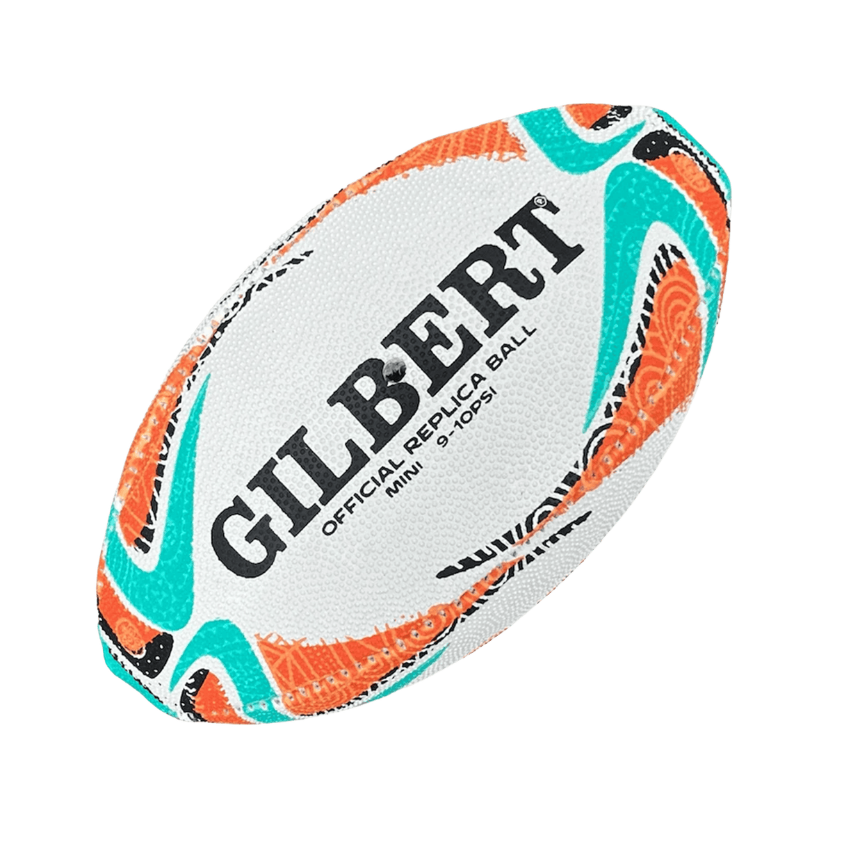 The Gilbert Rugby World Cup 2027 Australia Mini Ball is a small white ball with orange and teal patterns and bold black branding—ideal for any fan or collector.