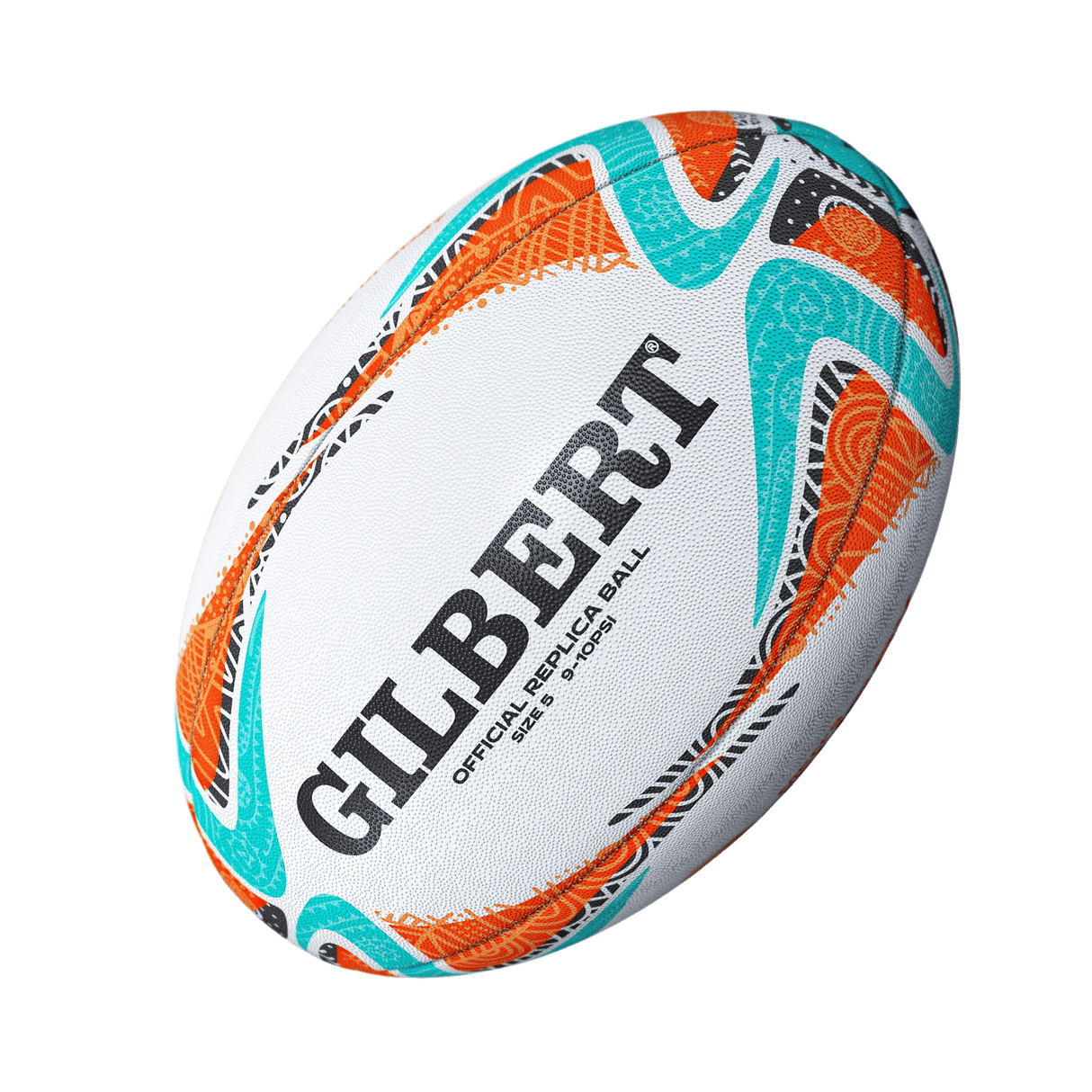 The Gilbert Rugby World Cup 2027 Australia Replica Ball is a white ball with orange, turquoise, and black patterns featuring "GILBERT OFFICIAL REPLICA BALL"—perfect for Rugby World Cup 2027 fans.