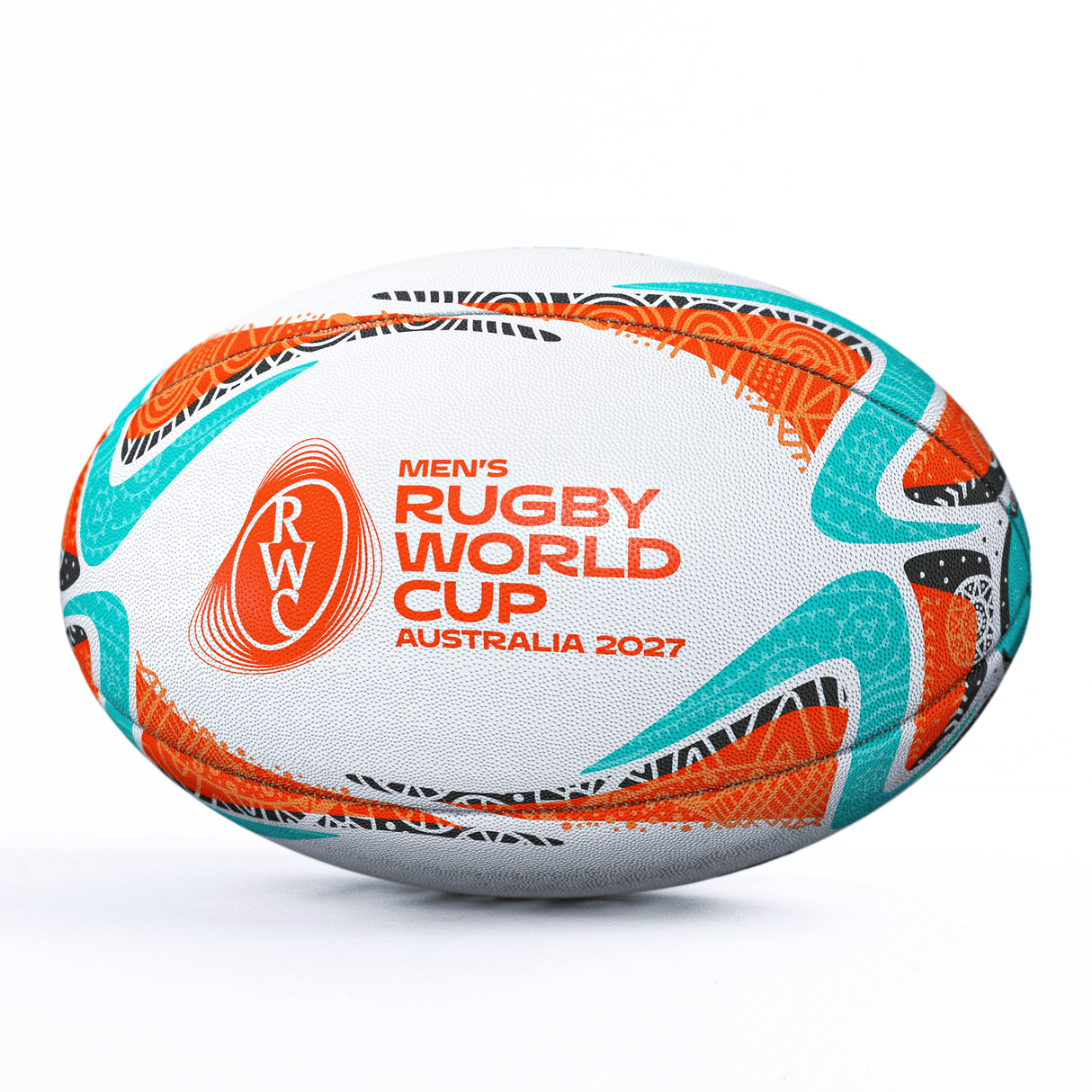The Gilbert Rugby World Cup 2027 Australia Replica Ball by Gilbert features "Men's Rugby World Cup Australia 2027" in orange and red with teal and orange patterns—ideal for fans and collectors.