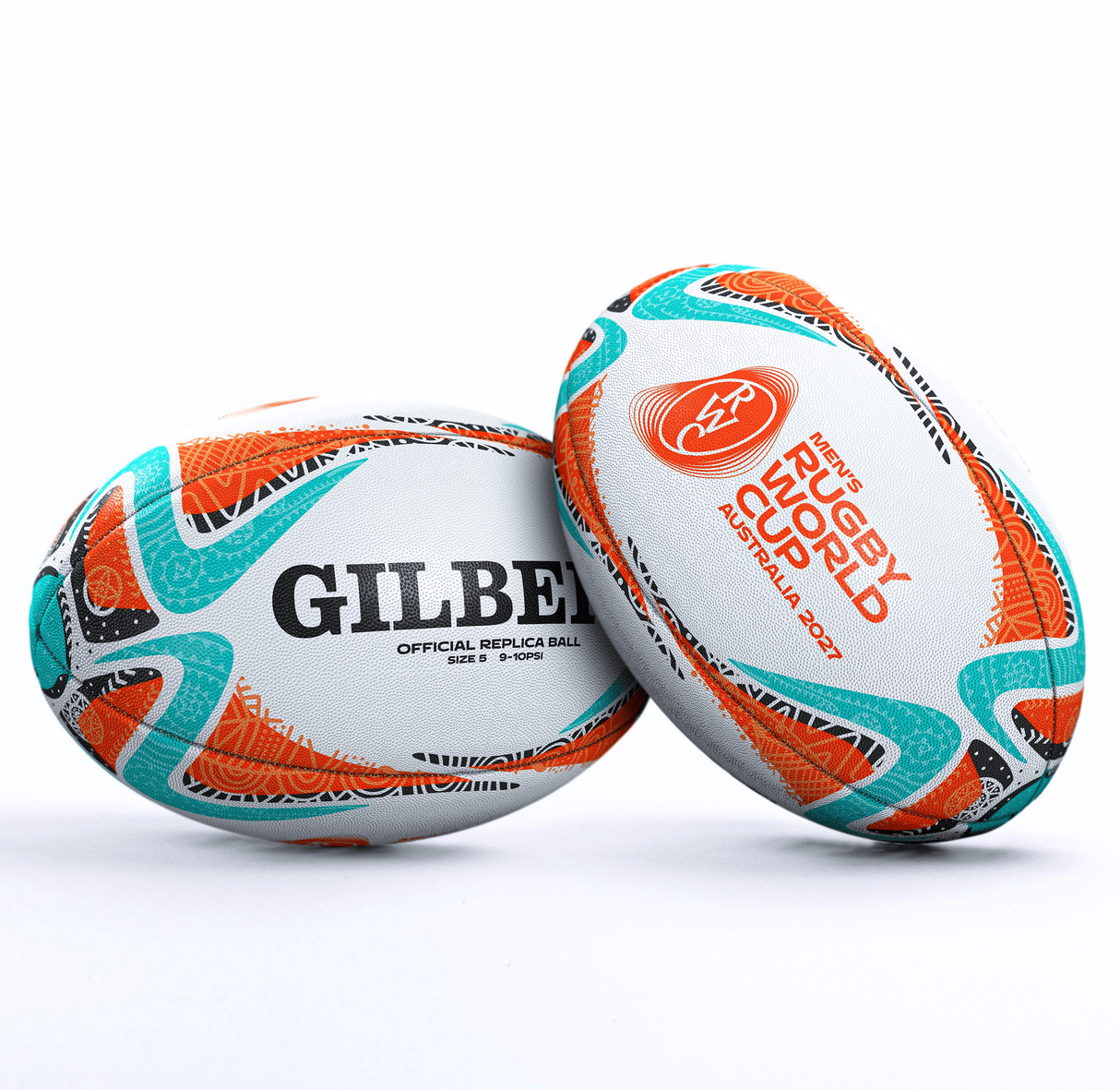 Two Gilbert Rugby World Cup 2027 Australia Replica Balls by Gilbert, each featuring vibrant teal and orange patterns with official tournament branding.