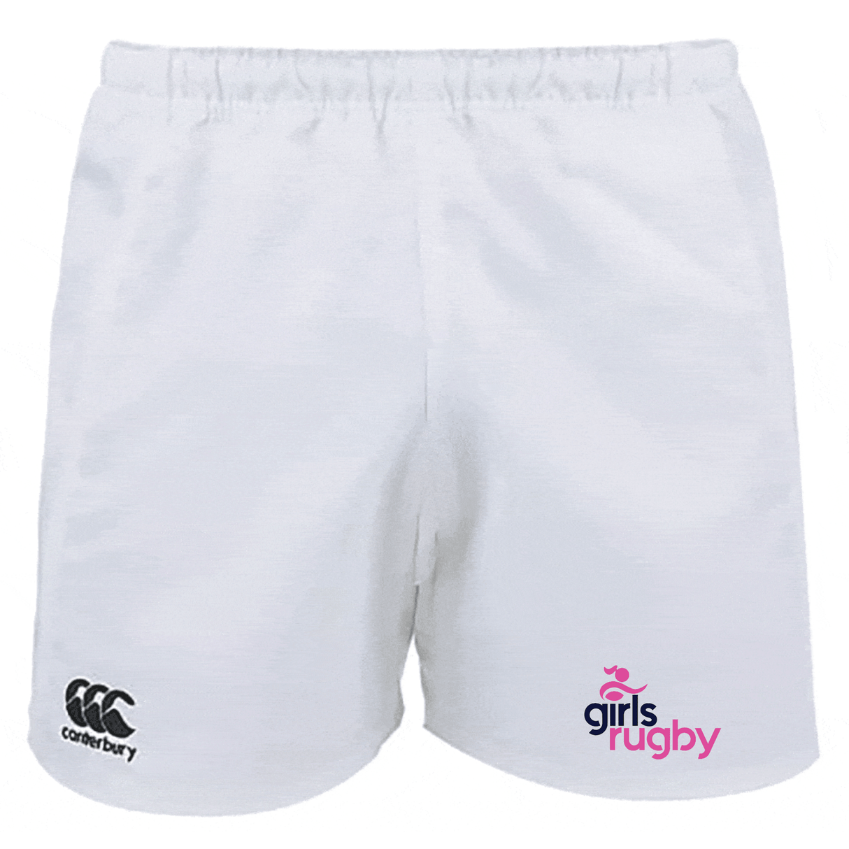 The Girls Rugby Advantage Rugby Shorts by EMB Canterbury feature an elastic waistband, the Canterbury logo on the left leg, a "girls rugby" logo on the right, and offer comfort and durability for every game.