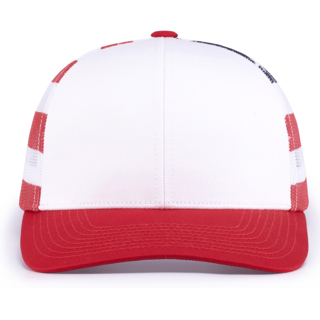 The Augusta Sportswear Printed Flag Trucker Cap is white with a red brim and button, plus red and blue stripes on the side panels.
