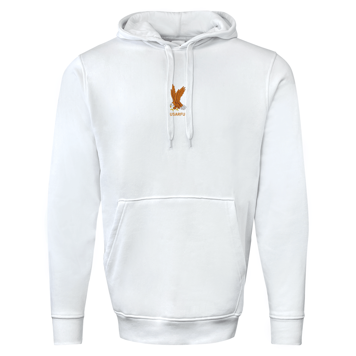 The EMB Augusta USA Rugby Elevated Heritage Hoodie is a plain white hoodie with a front pocket, hood, small eagle emblem, and "USAFRU" text on the chest—delivering a classic look inspired by USA Rugby tradition.