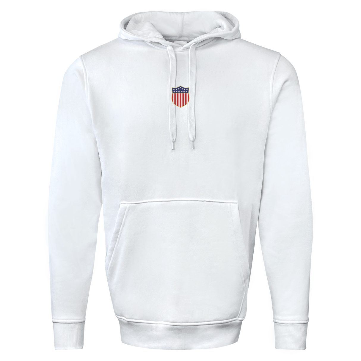The EMB Augusta USA Rugby Elevated Original Olympic Hoodie is a plain white hoodie with a front pocket, drawstring hood, and a small USA Rugby flag shield emblem on the left chest.