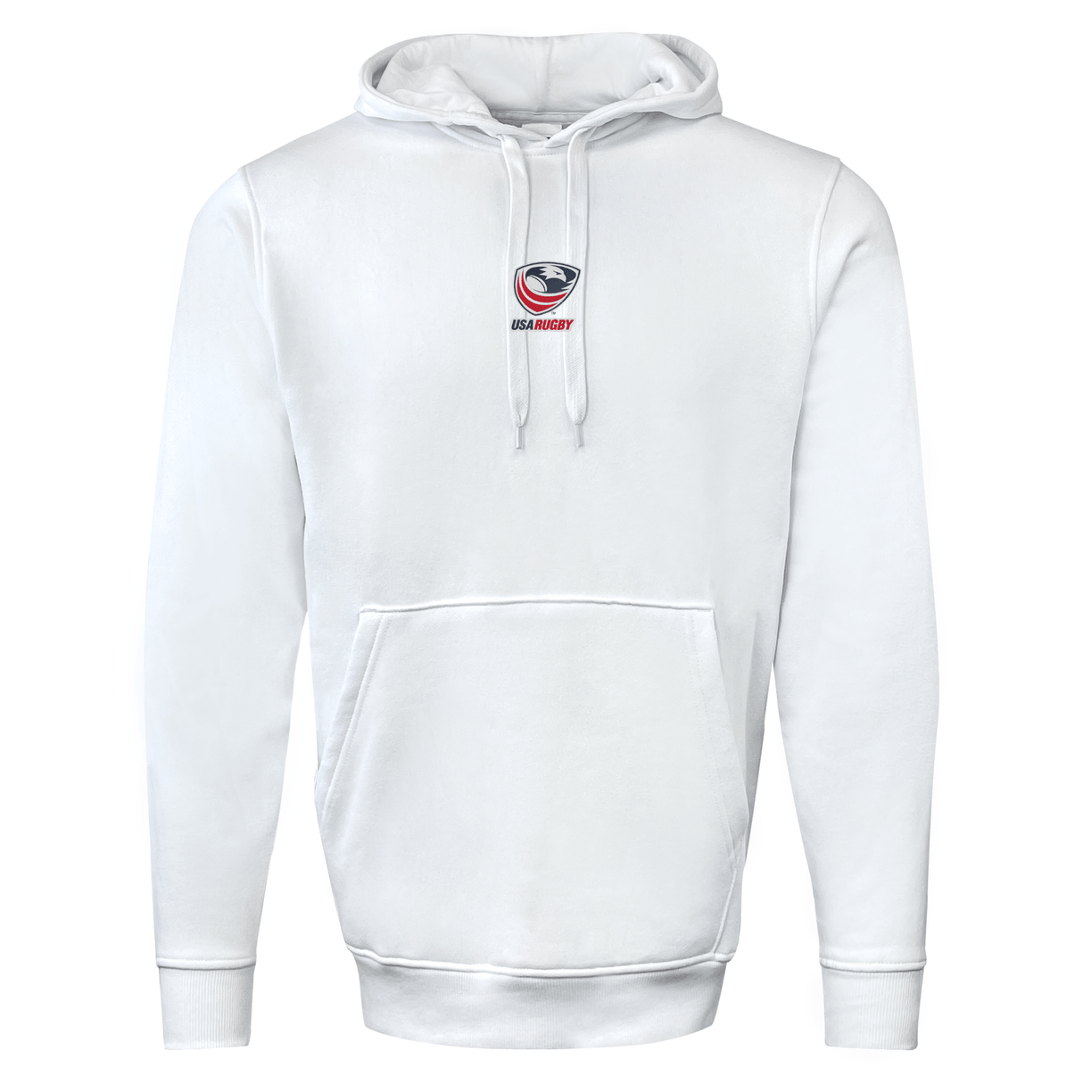 The EMB Augusta USA Rugby Elevated Crest Hoodie features a front pocket, adjustable hood drawstrings, and a centered small USA Rugby crest logo on the chest.
