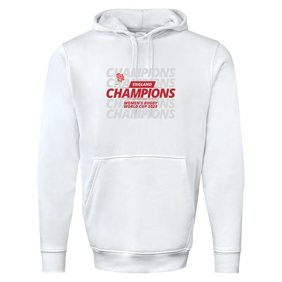 The WRS Augusta England WRWC '25 Champions Hoodie features "ENGLAND CHAMPIONS WOMEN'S RUGBY WORLD CUP 2025" in red and gray with a rose graphic—ideal for England rugby fans and champions.