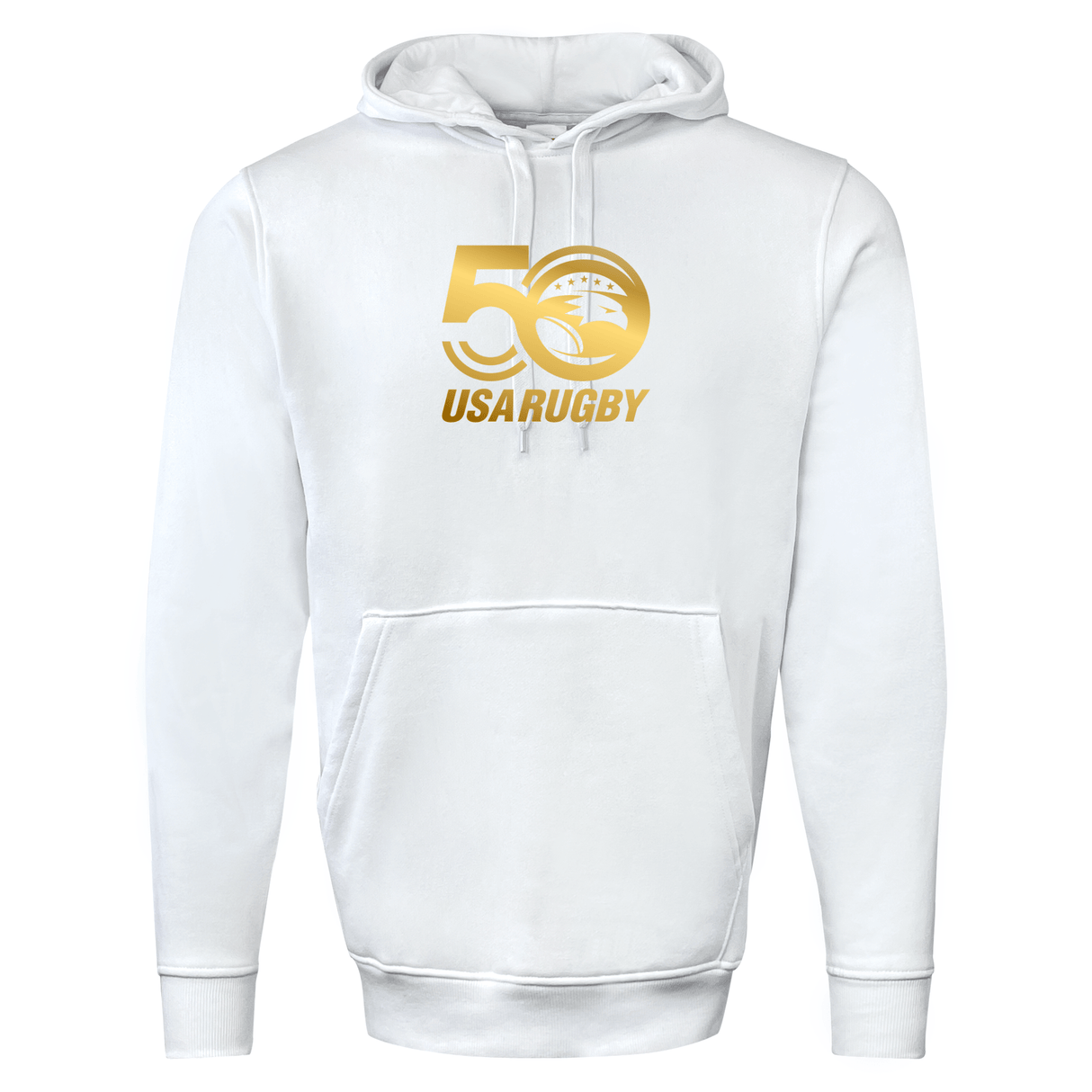 The WRS Augusta USA Rugby 50th Anniversary Fleece Pullover Hoodie is white with a gold "50" and rugby ball logo, plus "USA Rugby" on the chest.