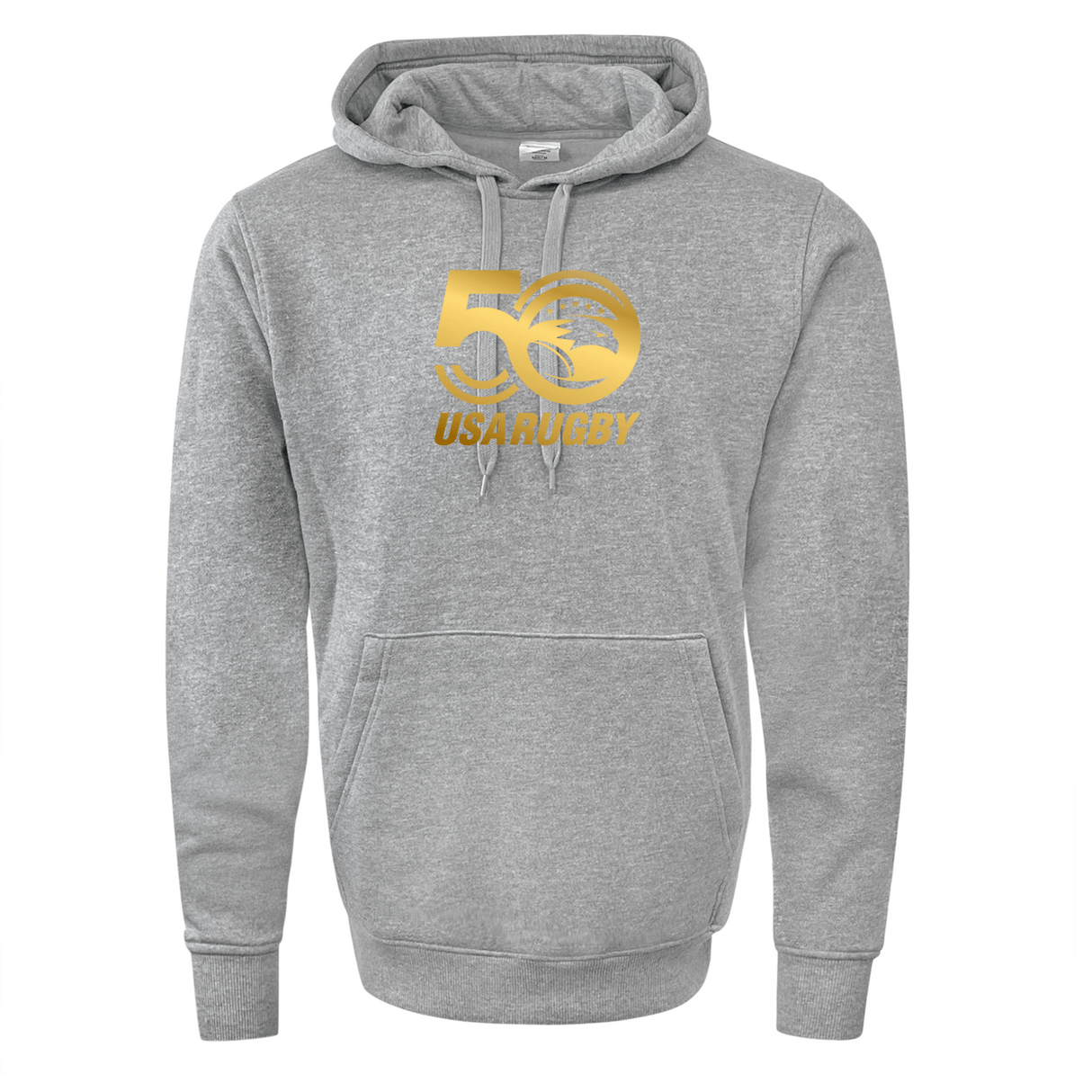 The WRS Augusta USA Rugby 50th Anniversary Hoodie is a gray 60/40 fleece pullover featuring a gold logo, kangaroo pocket, and drawstring hood.
