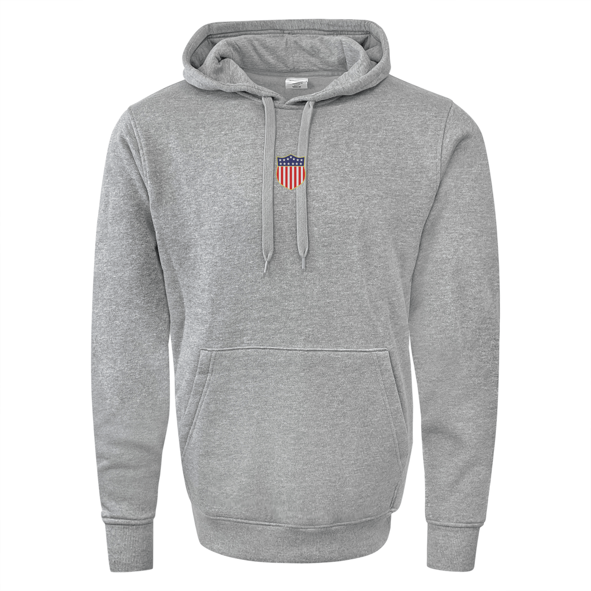 The EMB Augusta USA Rugby Elevated Original Olympic Hoodie features a light gray design, front pocket, and small USA Rugby shield on the chest—perfect for celebrating the Olympic Anniversary in style.