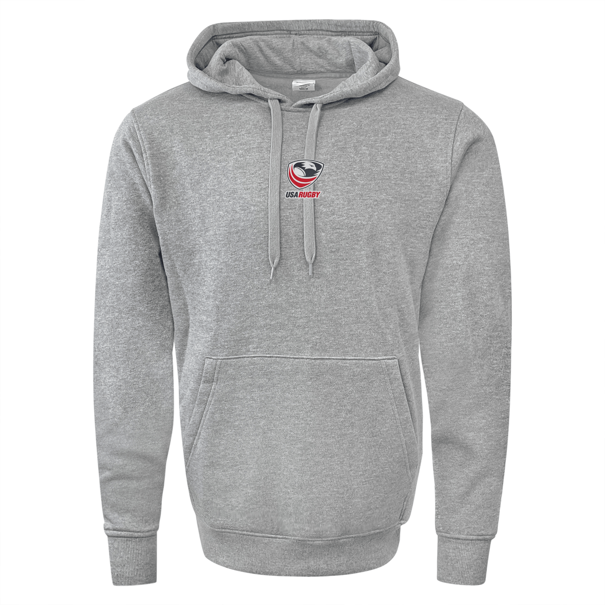 The EMB Augusta USA Rugby Elevated Crest Hoodie is a plain gray hoodie featuring a front pocket and the Elevated Crest Logo on the chest.