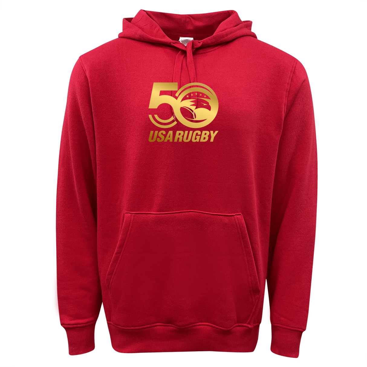 Celebrate USA Rugby's 50th Anniversary with the WRS Augusta red 60/40 fleece pullover hoodie featuring a bold gold "50 USA Rugby" logo on the front.