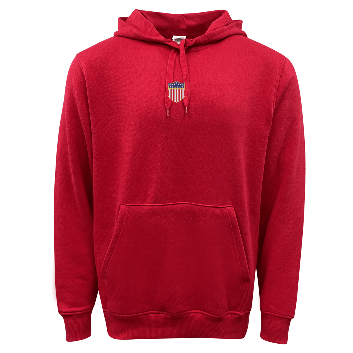 The EMB Augusta USA Rugby Elevated Original Olympic Hoodie is a plain red hoodie featuring a front pocket and a small USA Rugby shield emblem on the upper chest.