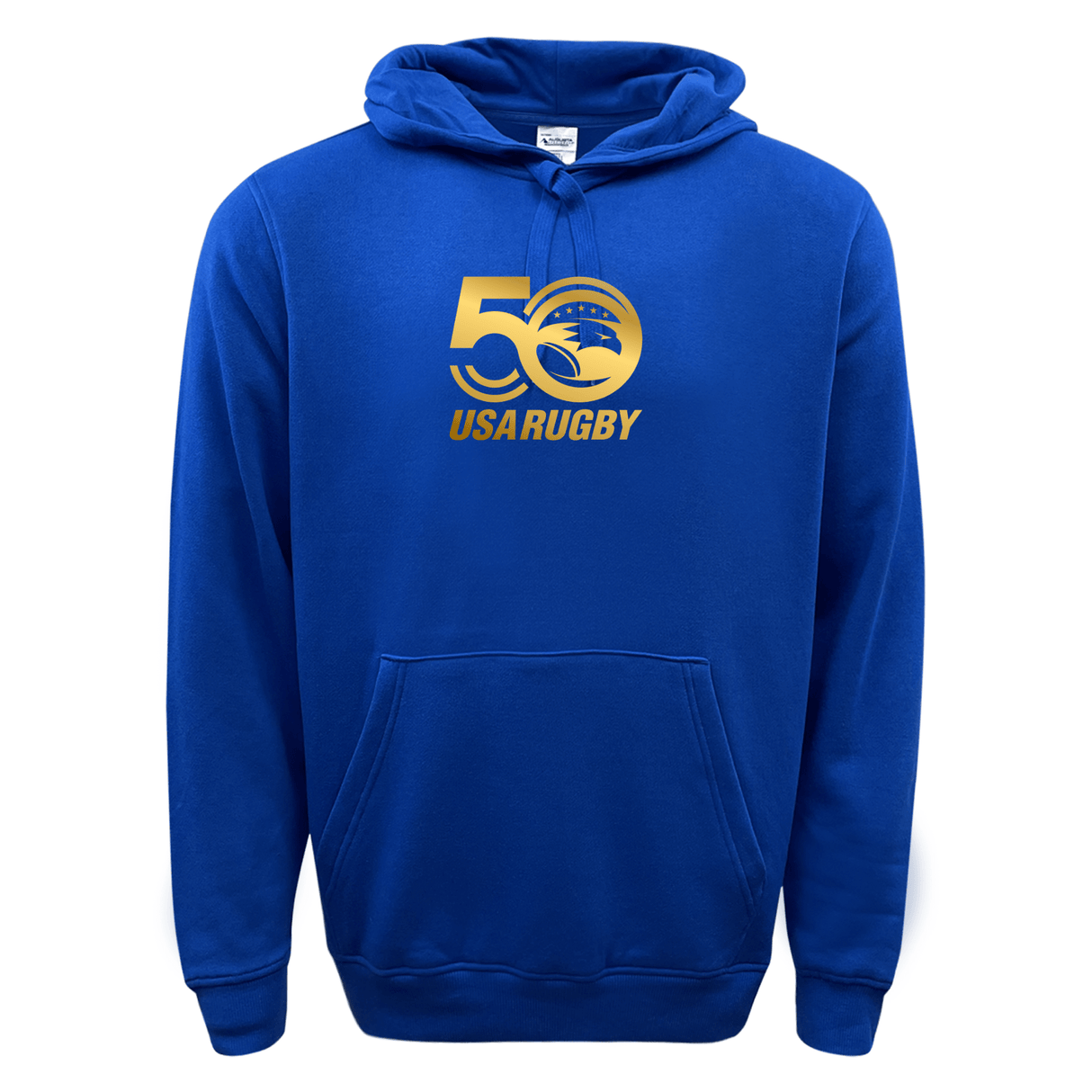 Celebrate in style with the WRS Augusta USA Rugby 50 Anniversary 60/40 Fleece Pullover Hoodie, featuring a gold "50 USA Rugby" logo and rugby ball design. Perfect for commemorating the milestone anniversary.