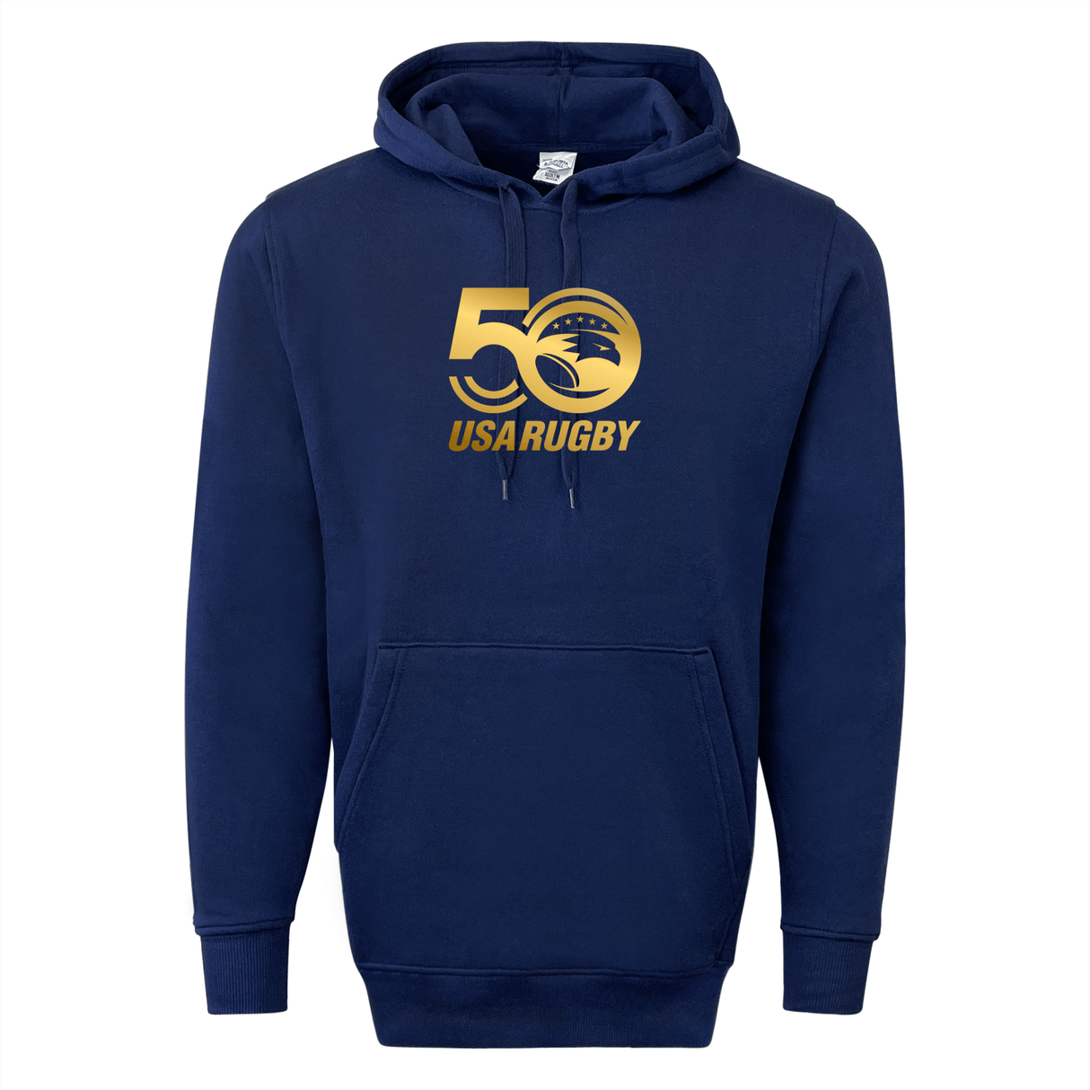 The WRS Augusta USA Rugby 50th Anniversary 60/40 Fleece Pullover Hoodie boasts a gold "50 USA Rugby" logo on the chest, celebrating the milestone in navy blue.