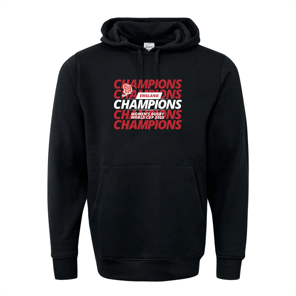 Show your support with the WRS Augusta England WRWC '25 Champions Hoodie—black with "CHAMPIONS" in red and white and "England Women's Rugby World Cup 2021 Champions" on the front. Perfect for women's rugby fans!.