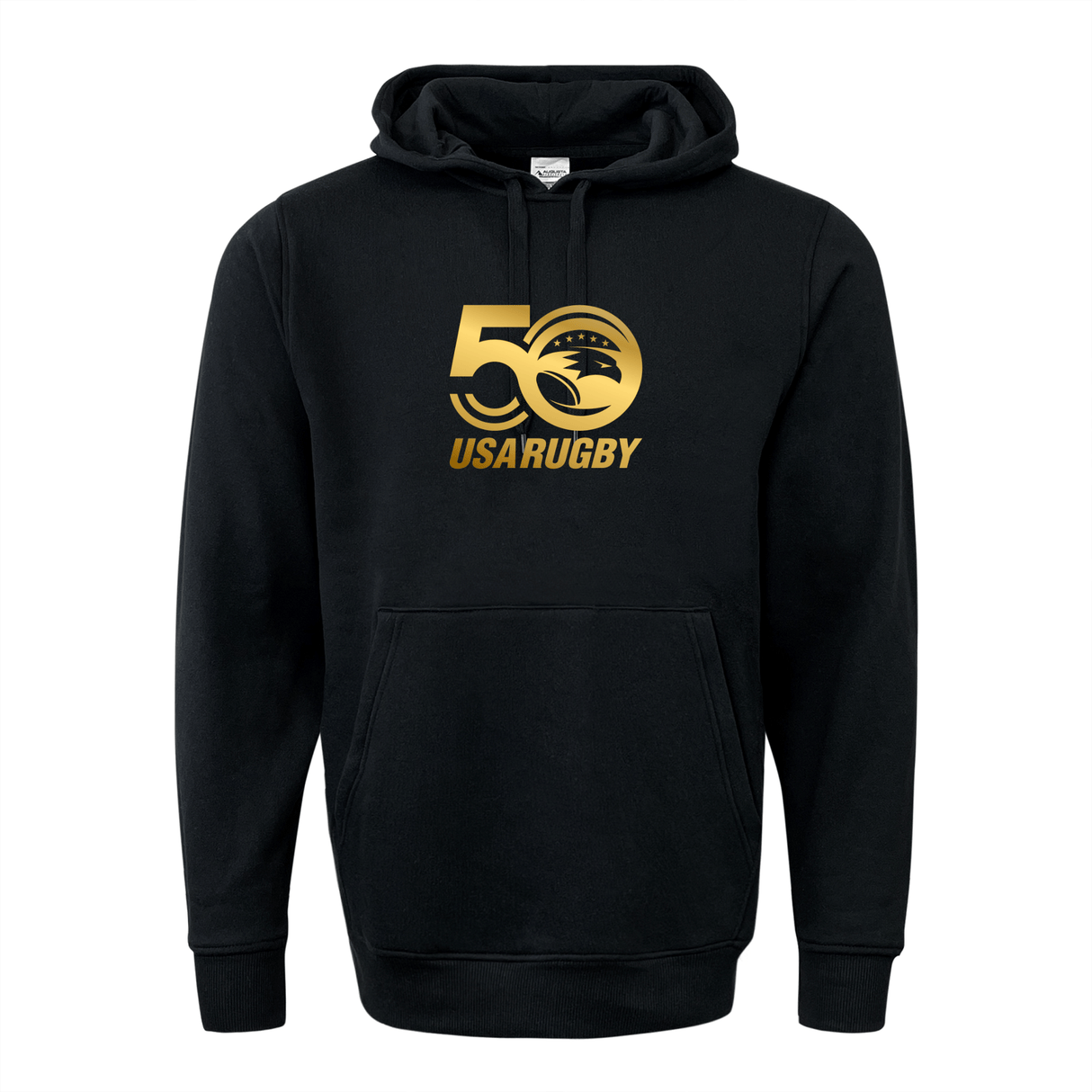 Black USA Rugby 50th Anniversary 60/40 fleece pullover hoodie by WRS Augusta, featuring a gold logo on the front, displayed against a white background.