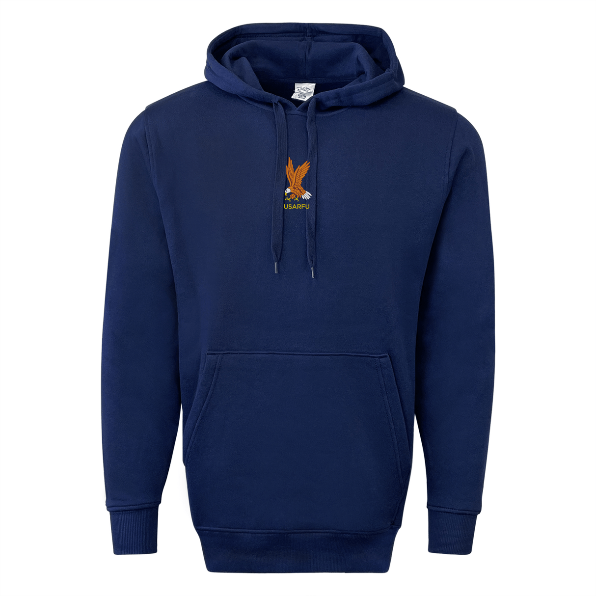 The EMB Augusta USA Rugby Elevated Heritage Hoodie in navy features a small embroidered eagle with outstretched wings and “URAPAV” on the chest—perfect for fans of classic design and USA Rugby style.