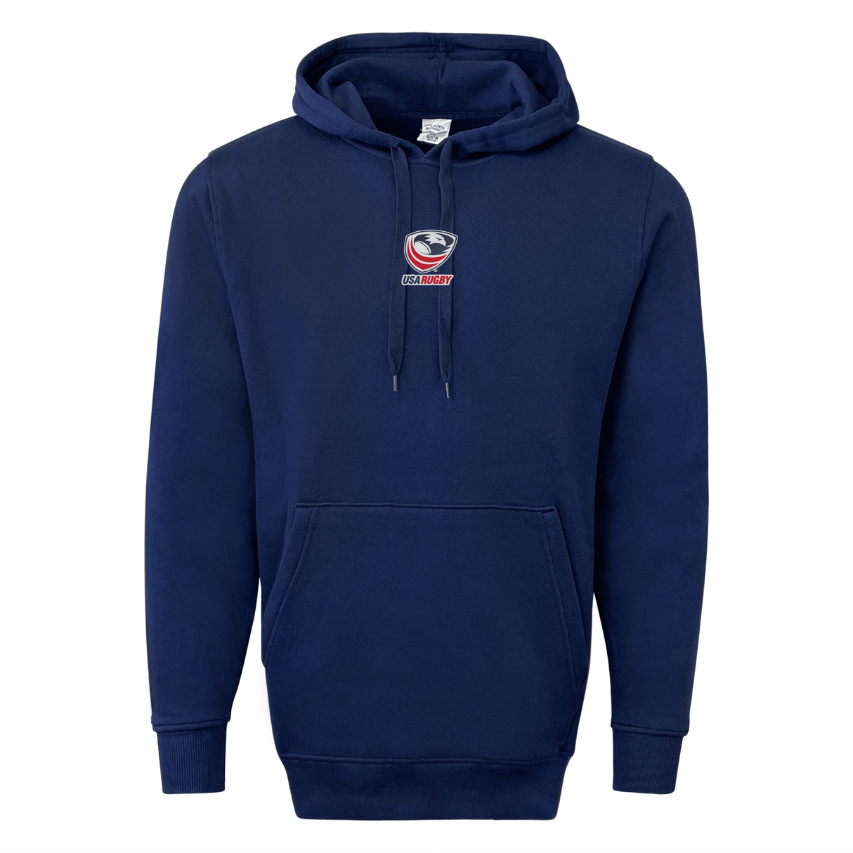 The EMB Augusta USA Rugby Elevated Crest Hoodie is a navy blue sweatshirt featuring a front pocket, an elevated crest logo, and a small USA Rugby emblem on the chest.