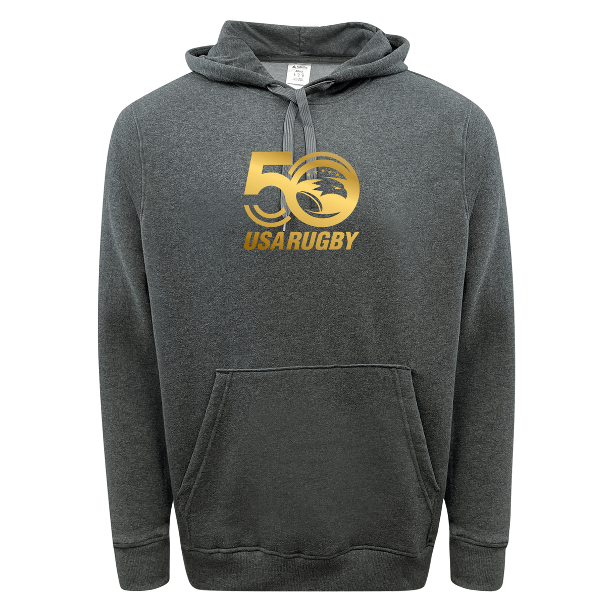The WRS Augusta USA Rugby 50th Anniversary Fleece Pullover Hoodie features a cozy gray design with "USA Rugby" and a bold gold "50," celebrating the milestone in style.