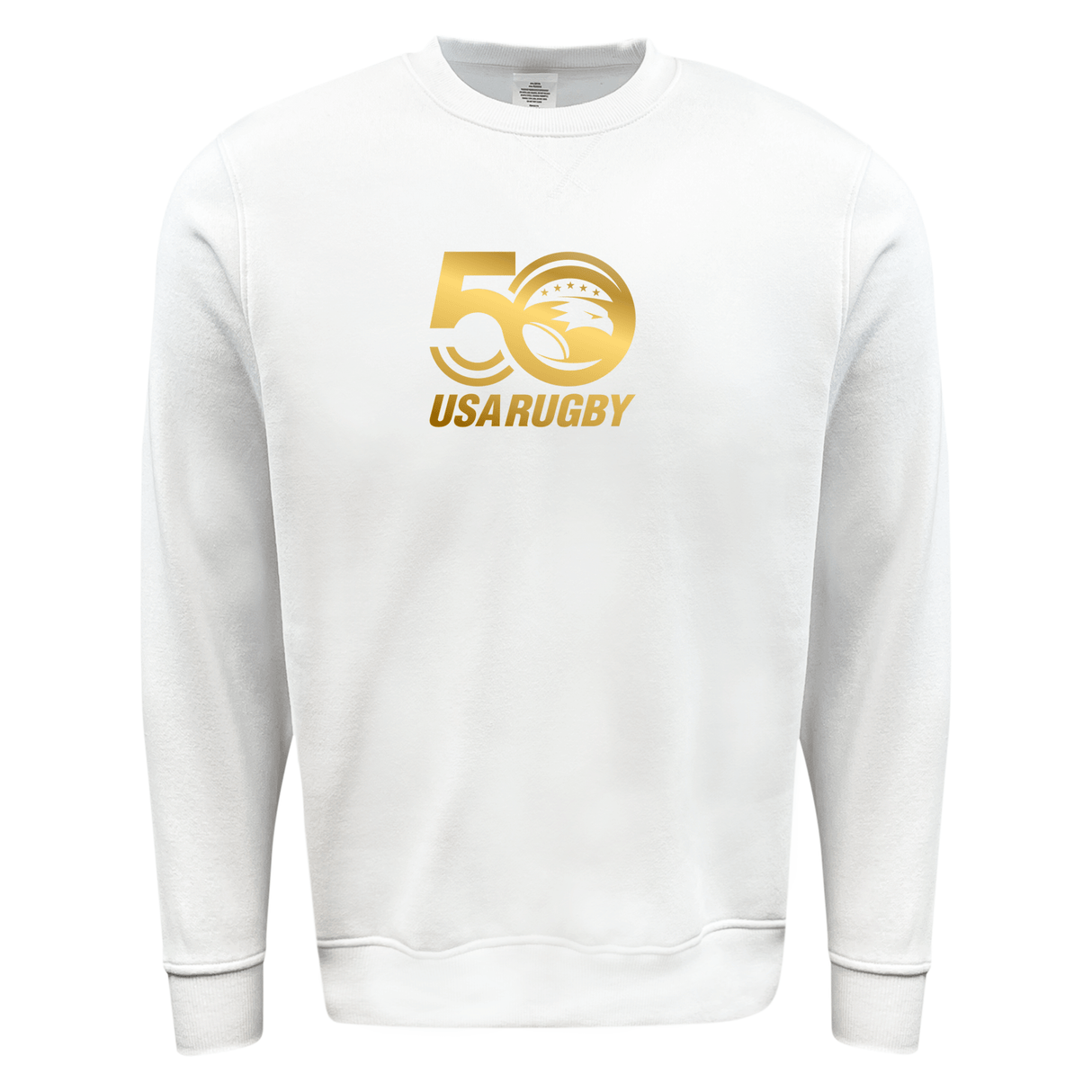 Commemorate the USA Rugby 50th anniversary in cozy elegance with this white fleece crewneck sweatshirt by WRS Augusta, featuring a gold "50 USA Rugby" logo on the front.