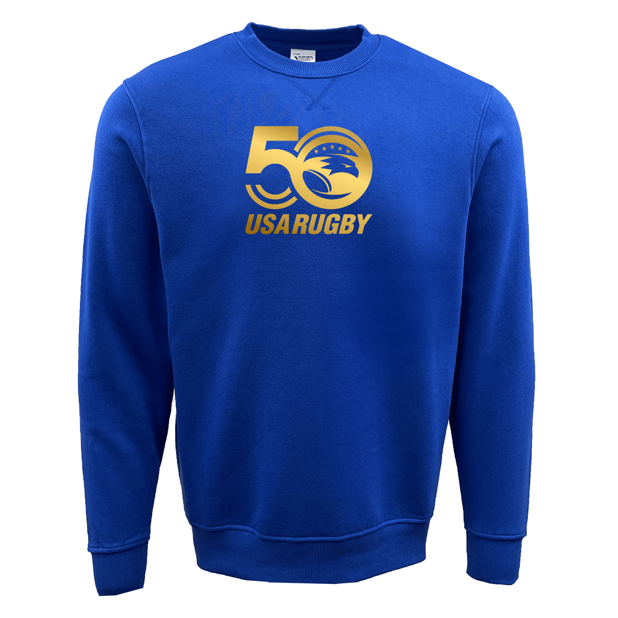 Celebrate the 50th Anniversary with the WRS Augusta USA Rugby crewneck sweatshirt in blue, showcasing a gold "50" logo on the front.