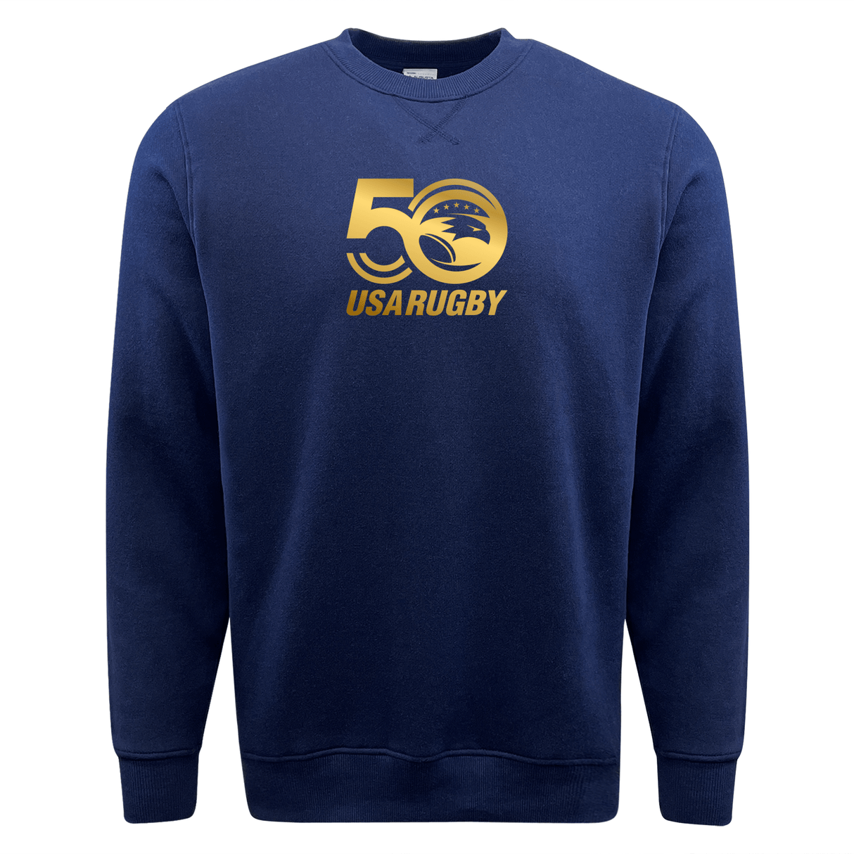 The navy USA Rugby 50th Anniversary Fleece Crewneck Sweatshirt by WRS Augusta features a gold "50" and the official logo on the chest.