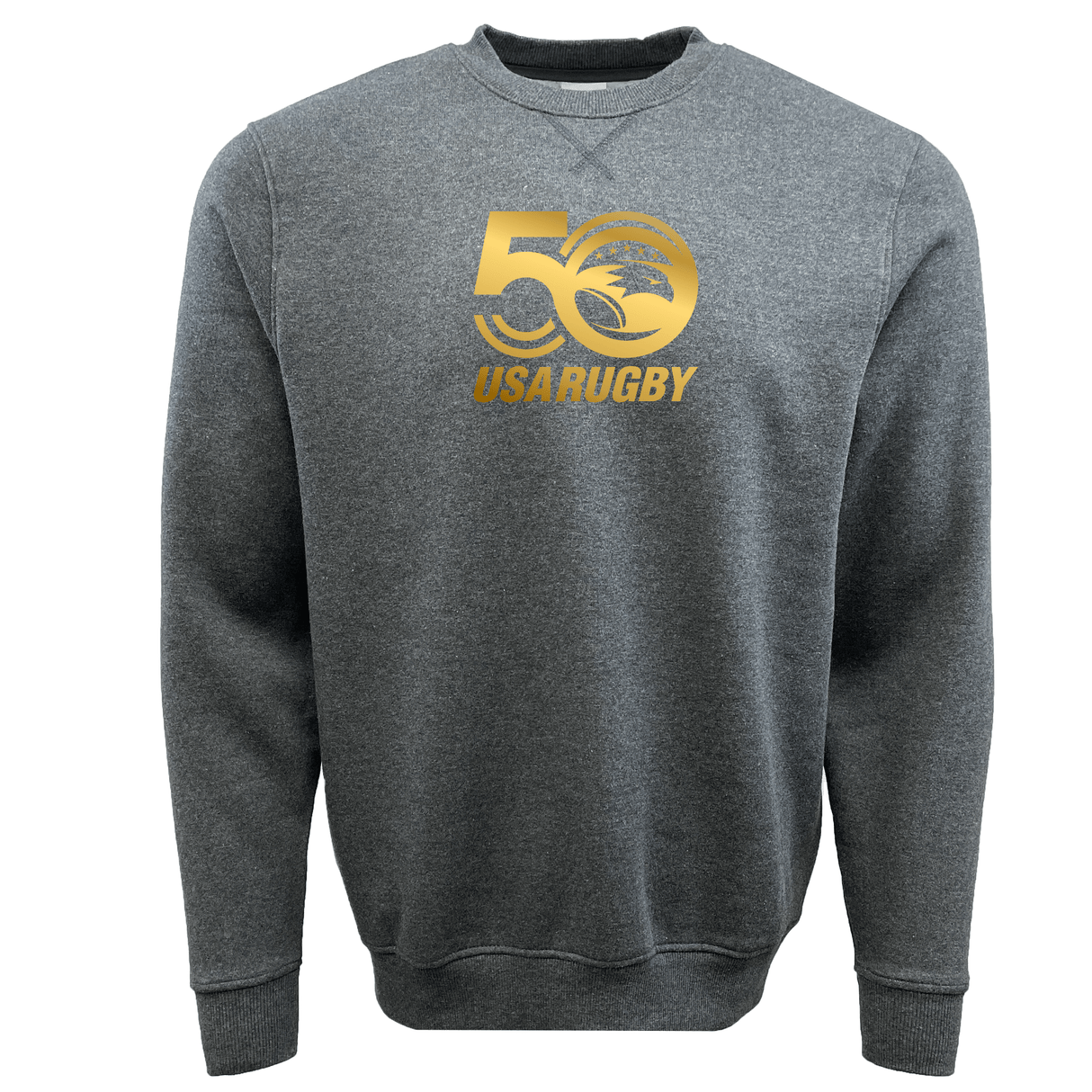 The WRS Augusta USA Rugby 50th Anniversary Fleece Crewneck Sweatshirt is gray with a gold "50" and "USA Rugby" logo on the front.