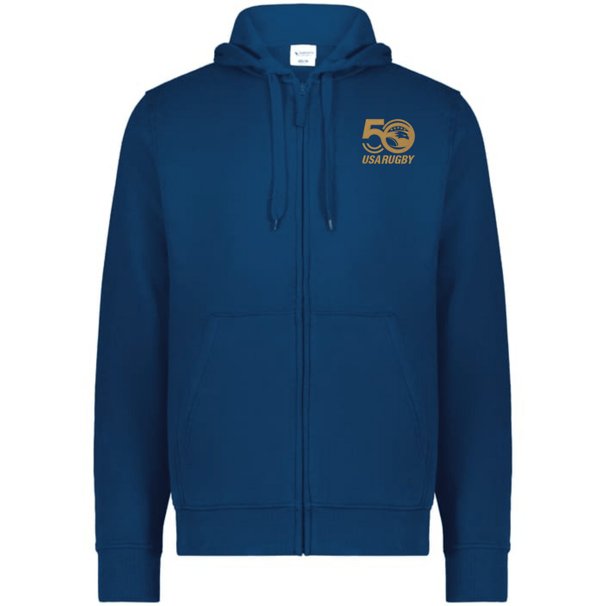 Celebrate in style with the EMB Augusta USA Rugby 50th Anniversary Fleece Full Zip Hoodie. This blue hoodie, featuring a "50 USA Rugby" logo on the left chest, drawstring hood, and front pockets, is perfect for those honoring 50 years of USA Rugby.