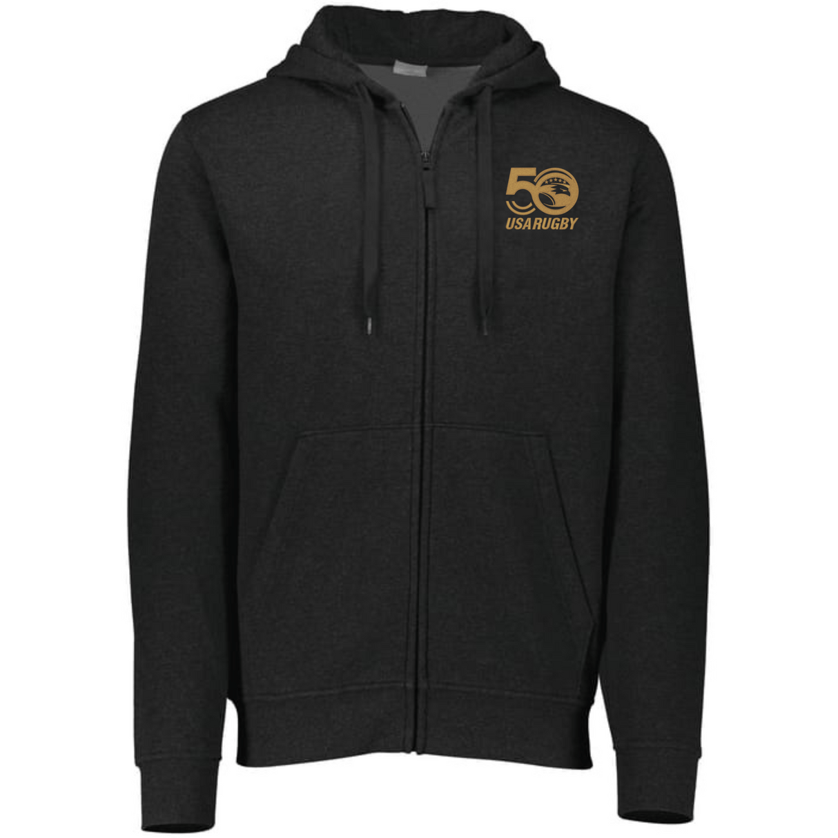 Celebrate in style with the EMB Augusta USA Rugby 50th Anniversary Fleece Full Zip Hoodie. This black hoodie features two front pockets, a hood, and a gold anniversary logo on the left chest—perfect for comfort and showcasing your rugby pride.