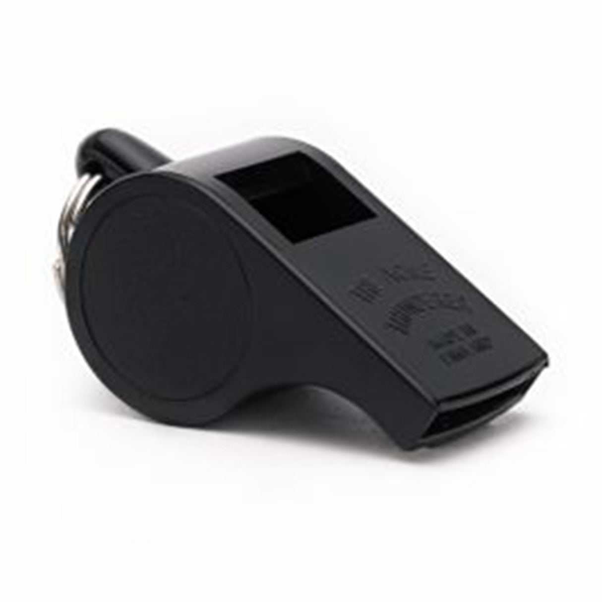 Black plastic Acme Whistles Thunderer 558 Referee Whistle with an attached metal ring and digital display, isolated on a white background.