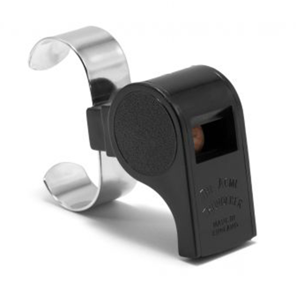 A black, clip-on guitar tuner isolated on a white background, similar in shape to an Acme Whistles Thunderer 577 referee finger whistle.