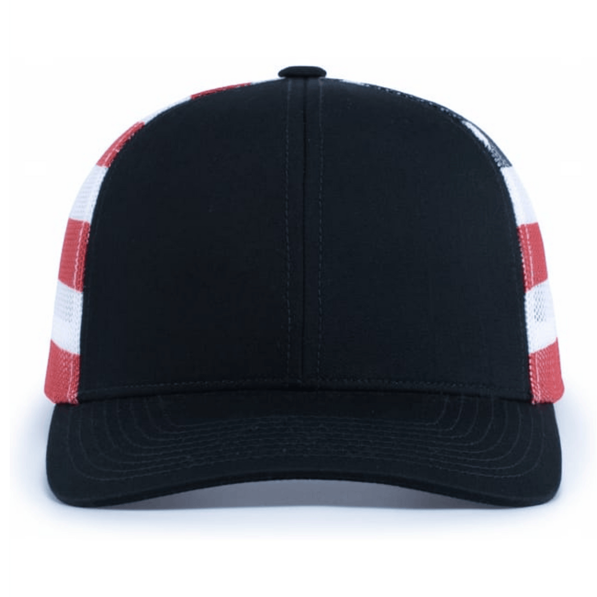 The Augusta Sportswear Printed Flag Trucker Cap features a black front, red and white checkered mesh sides, and a curved brim.