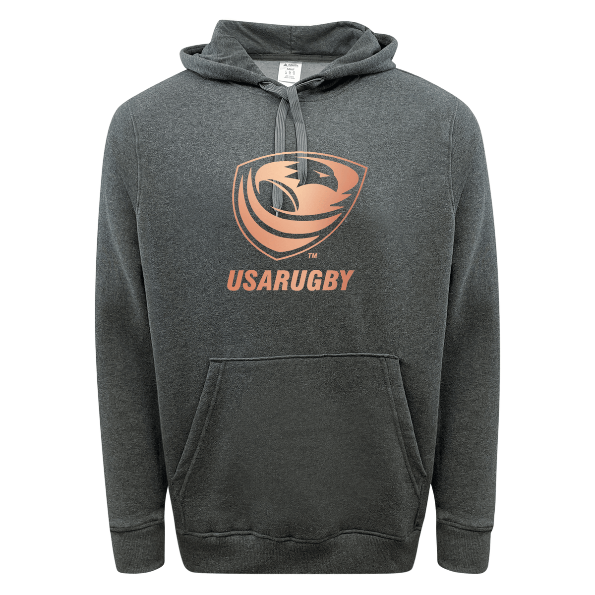 The USA Rugby Bronze 60/40 Fleece Pullover Hoodie by WRS Augusta is a dark gray hoodie featuring a kangaroo pocket and proudly showcases a copper-colored USA Rugby logo on the chest, celebrating the Women's Bronze Medal achievement.