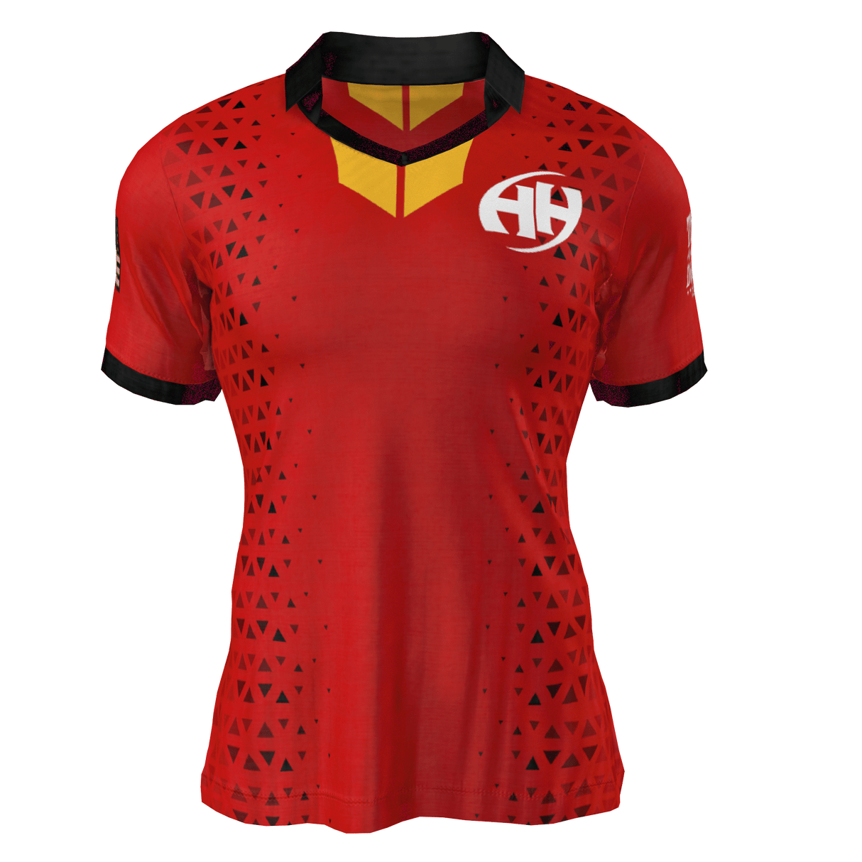 The Clarksville Headhunters Gilbert Match Jersey by Custom GIL AXI features a red design with black collar and sleeves, black triangle pattern, yellow neck detail, and a white "HH" logo on the left chest.