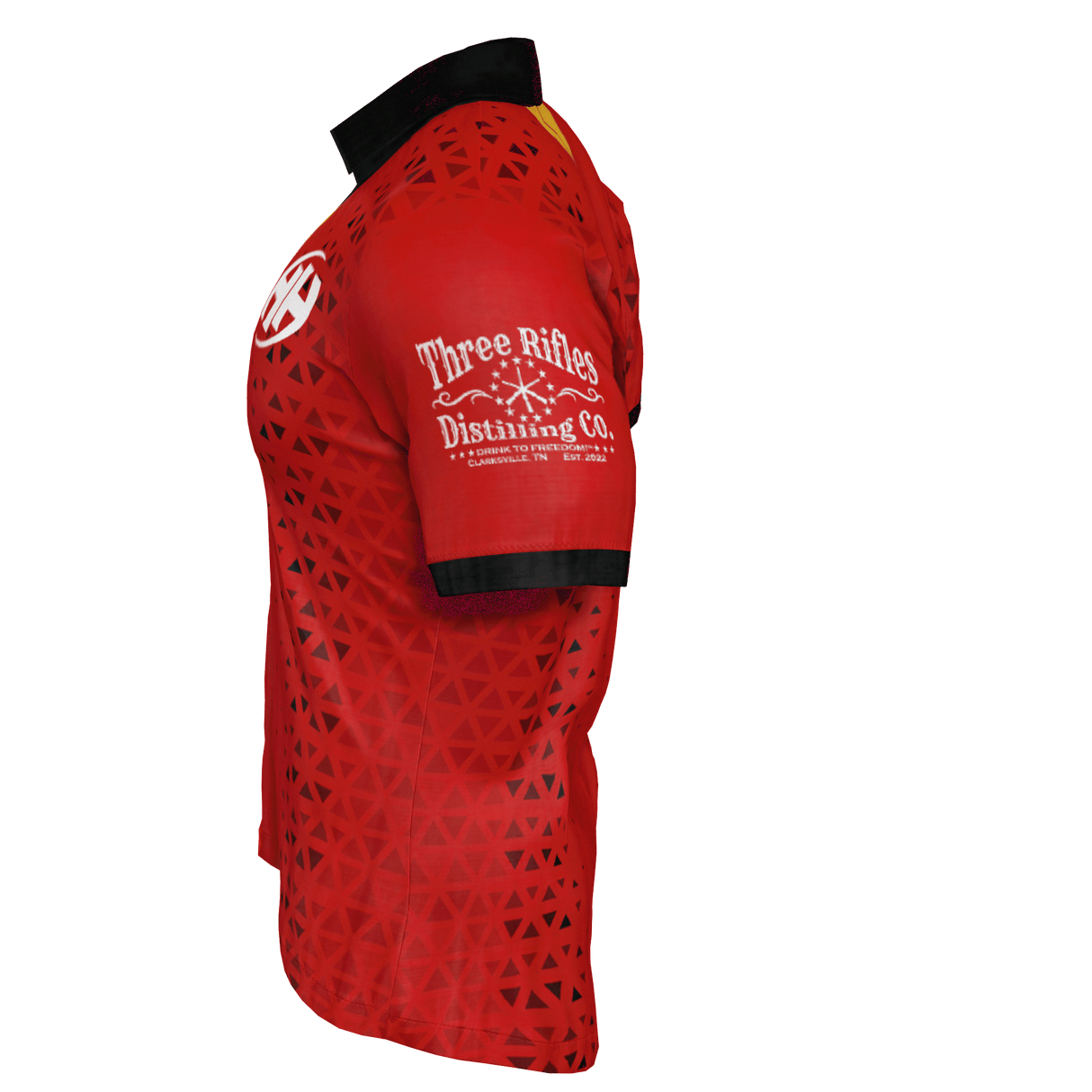 Custom GIL AXI Clarksville Headhunters Gilbert Match Jersey: red short-sleeve sports jersey with black collar, geometric pattern, and "Three Rifles Distilling Co." logo on the sleeve.