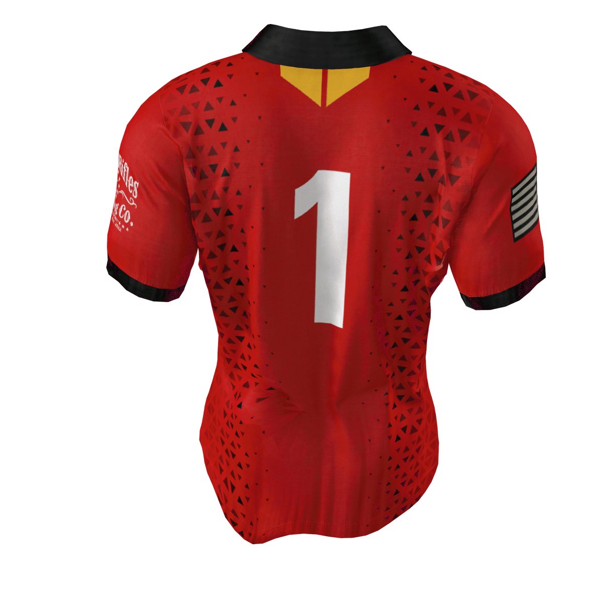The Clarksville Headhunters Gilbert Match Jersey by Custom GIL AXI is a red sports jersey featuring a black collar, black and yellow accents, geometric patterns, and the number 1 on the back.