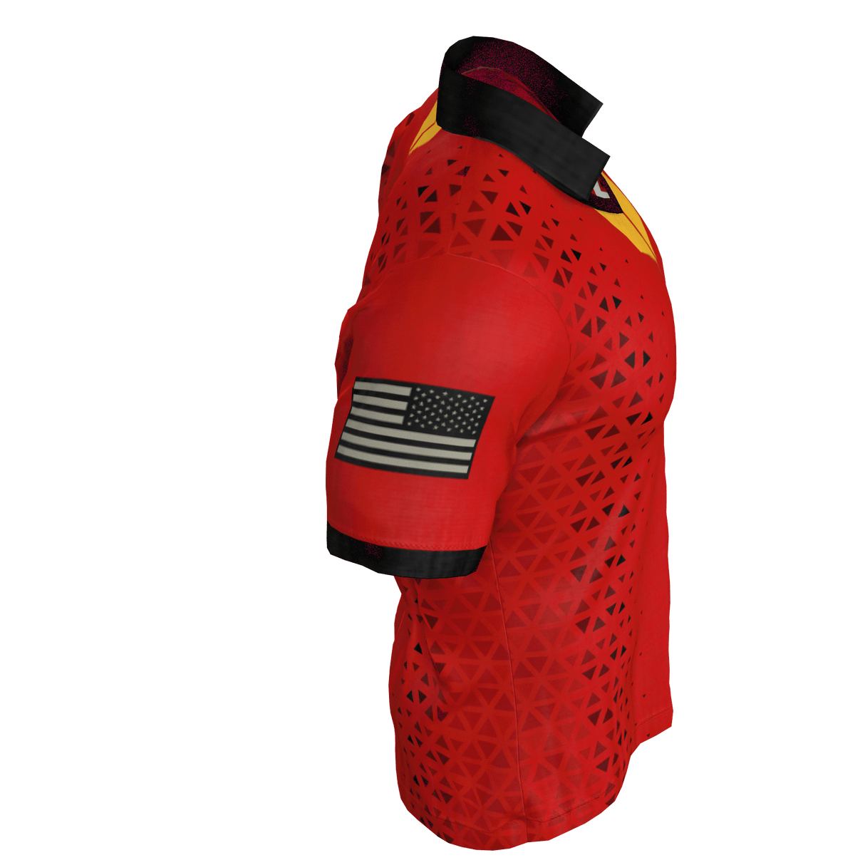 The Clarksville Headhunters Gilbert Match Jersey by Custom GIL AXI features red short sleeves, a black geometric pattern, black collar and trim, and a black-and-white American flag patch on the right sleeve.