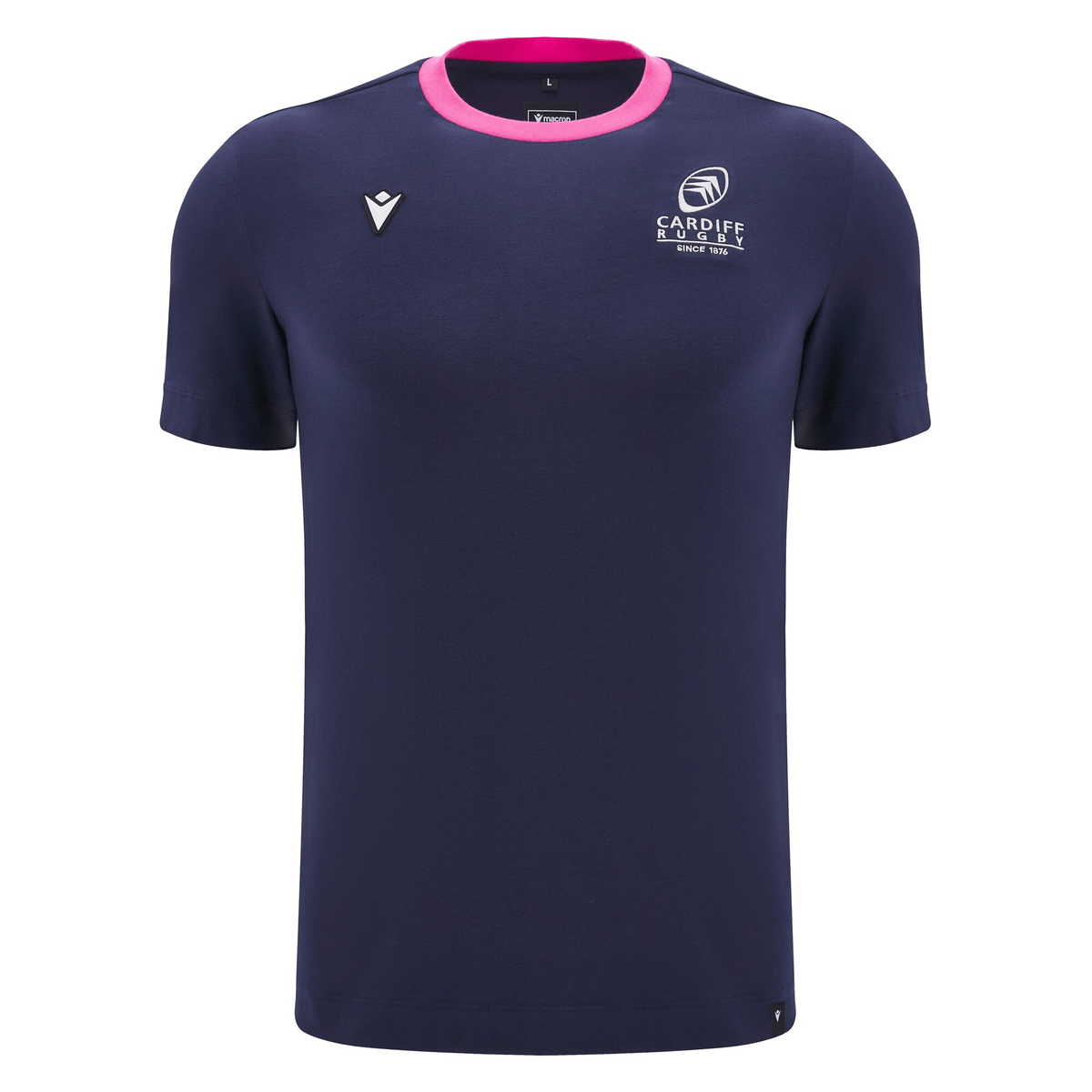 Introducing the Cardiff 24/25 Anthem Travel Cotton T-Shirt by Macron: a navy blue design with a pink collar accent, adorned with the Cardiff logo on the left chest and a small emblem on the right.
