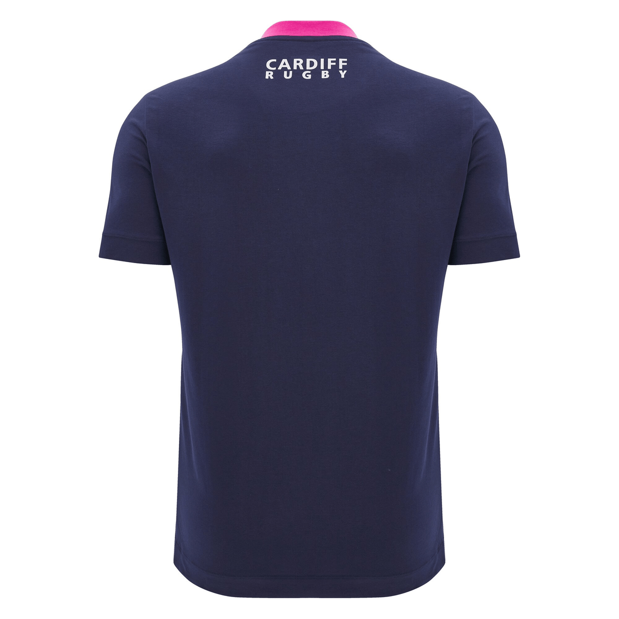 The Cardiff 24/25 Anthem Travel Cotton T-Shirt by Macron features a navy blue short-sleeve design with "Cardiff Rugby" printed in white on the back, accented by a pink collar highlight, making it perfect for your Anthem Travel adventures.
