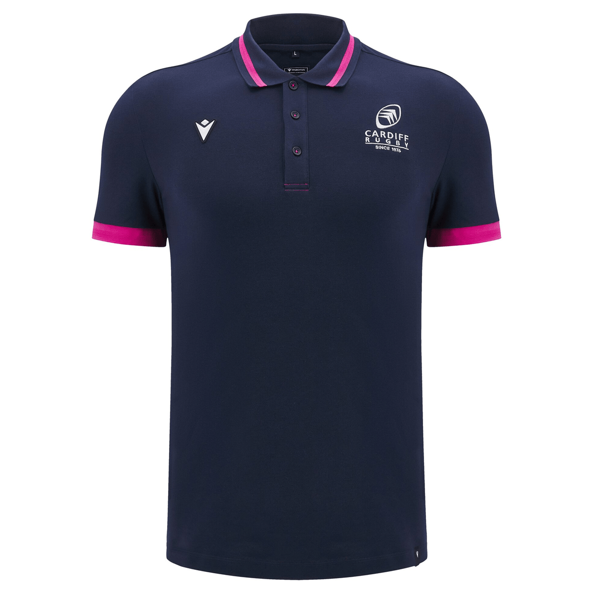 Introducing the Cardiff 24/25 Anthem Travel Polo by Macron: this stylish navy blue polo shirt is adorned with a pink trim and boasts a striking Cardiff logo on the left chest, complemented by a discreet white emblem on the right. Designed for the 24/25 season, it's an ideal choice to display your team pride in style.