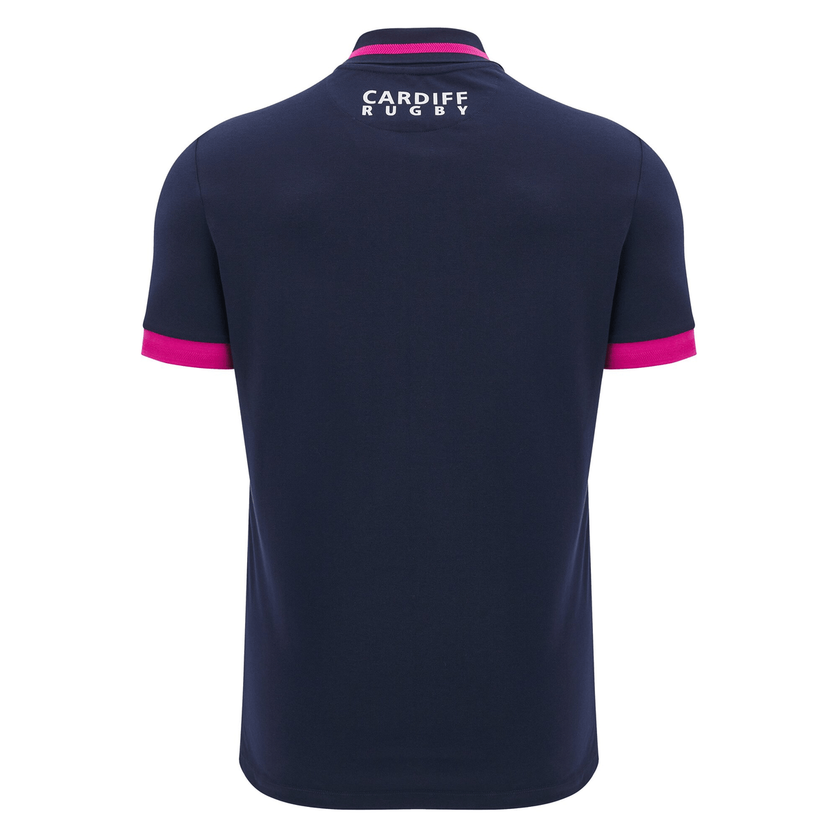 The back of the Cardiff 24/25 Anthem Travel Polo by Macron displays "Cardiff Rugby" printed stylishly on the upper back, highlighting its design for the 24/25 season. Featuring contrasting pink cuffs, this navy blue piece effortlessly blends style with team spirit.