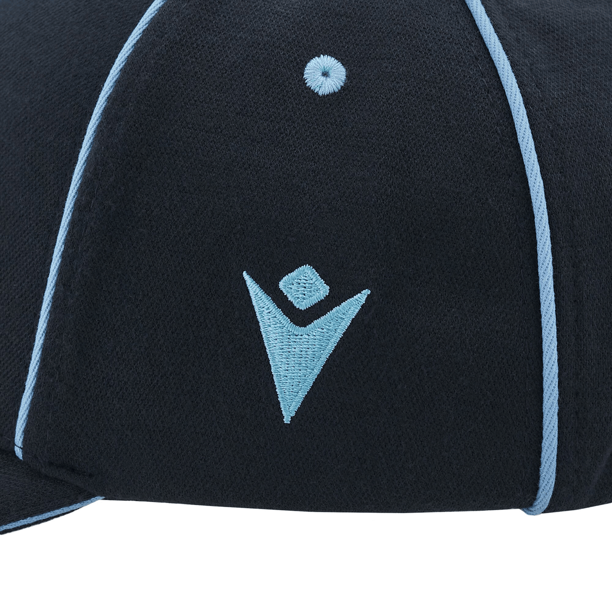 Close-up of the Cardiff 24/25 Baseball Cap by Macron, featuring a sleek black design with light blue stitching and an abstract embroidered logo in light blue, complete with an adjustable buckle for a perfect fit.