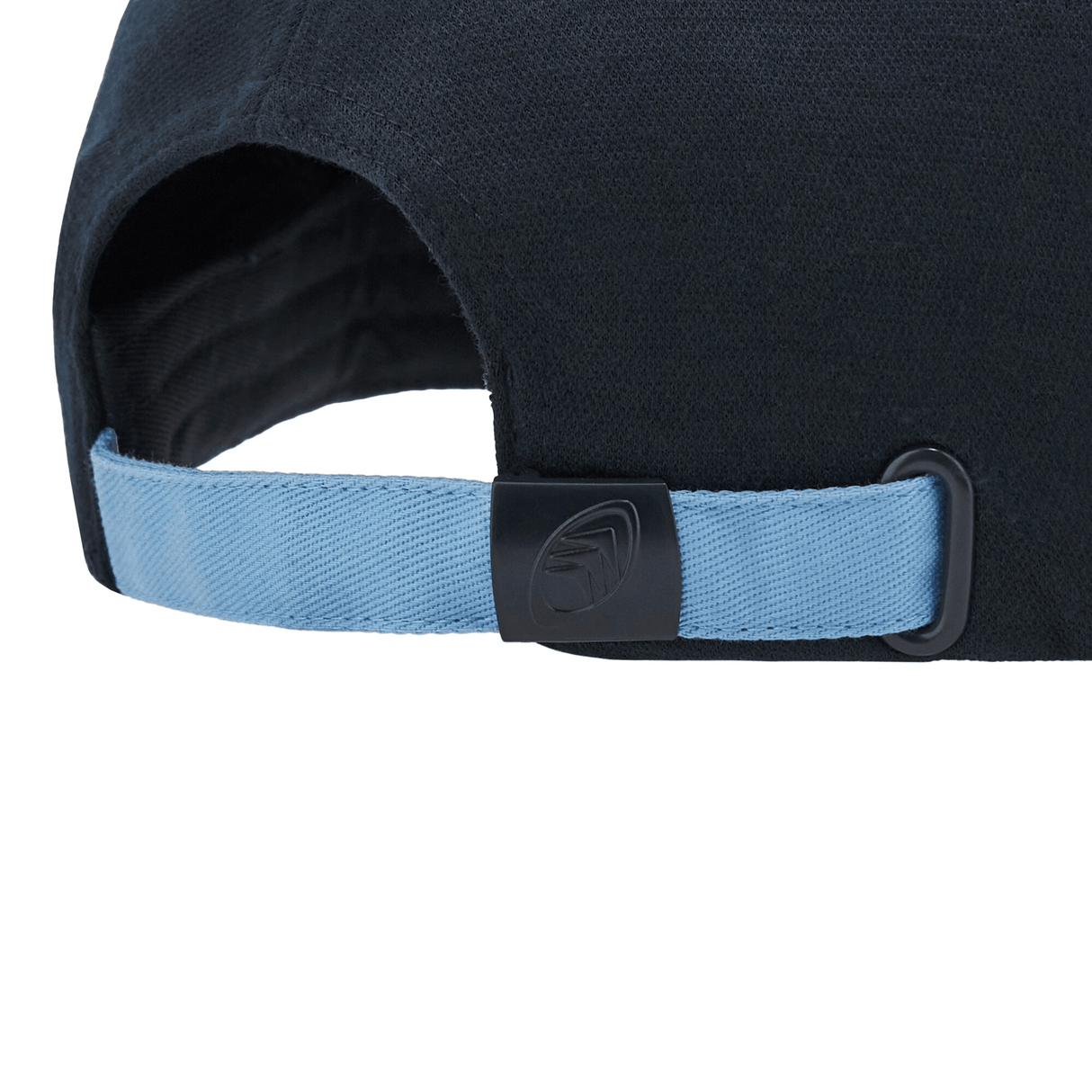 Close-up of the Cardiff 24/25 Baseball Cap by Macron, showcasing its black design with a light blue adjustable strap and an expertly crafted black clasp.
