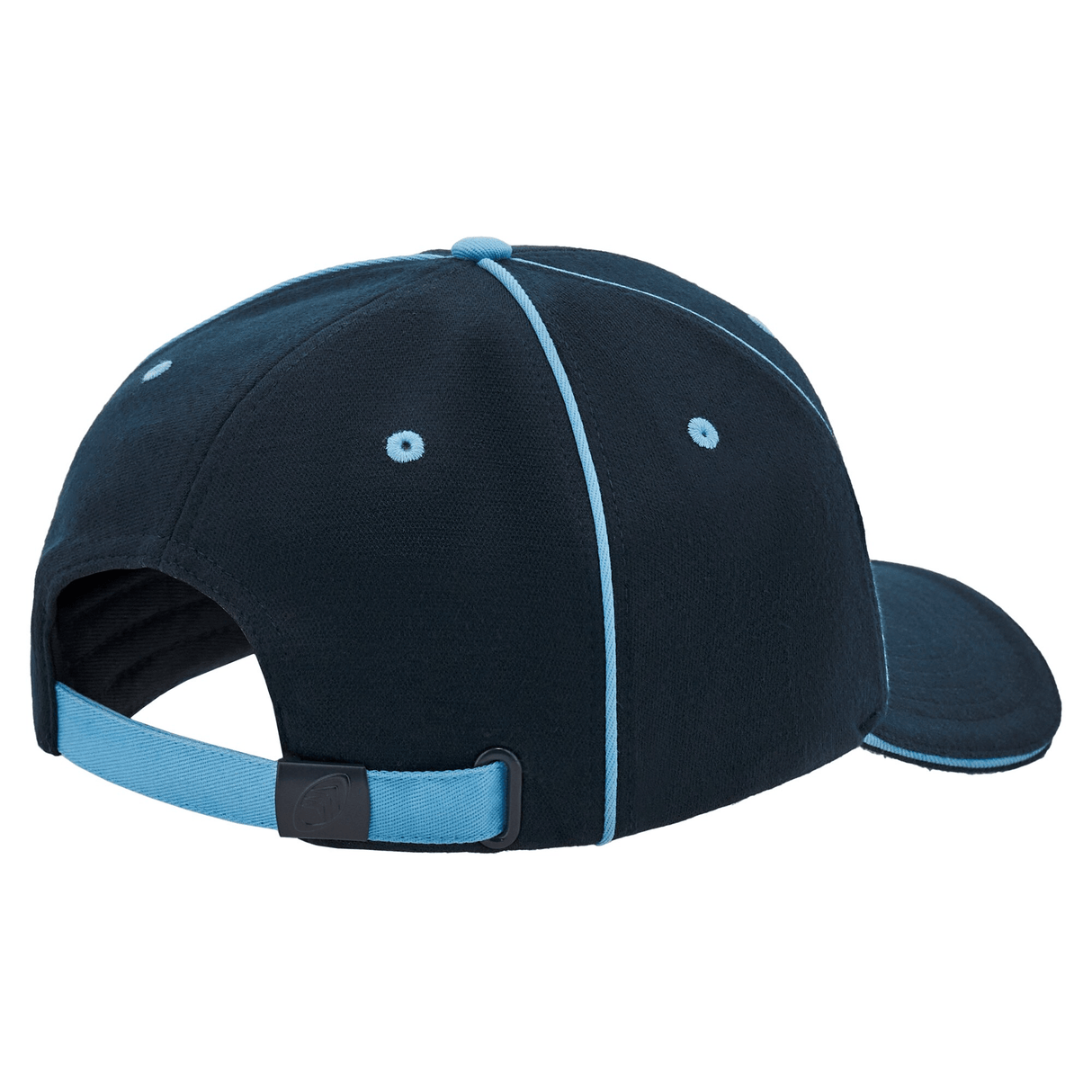 The Cardiff 24/25 Baseball Cap by Macron is a dark blue cap with light blue piping and accents, featuring a curved brim and an adjustable strap at the back.