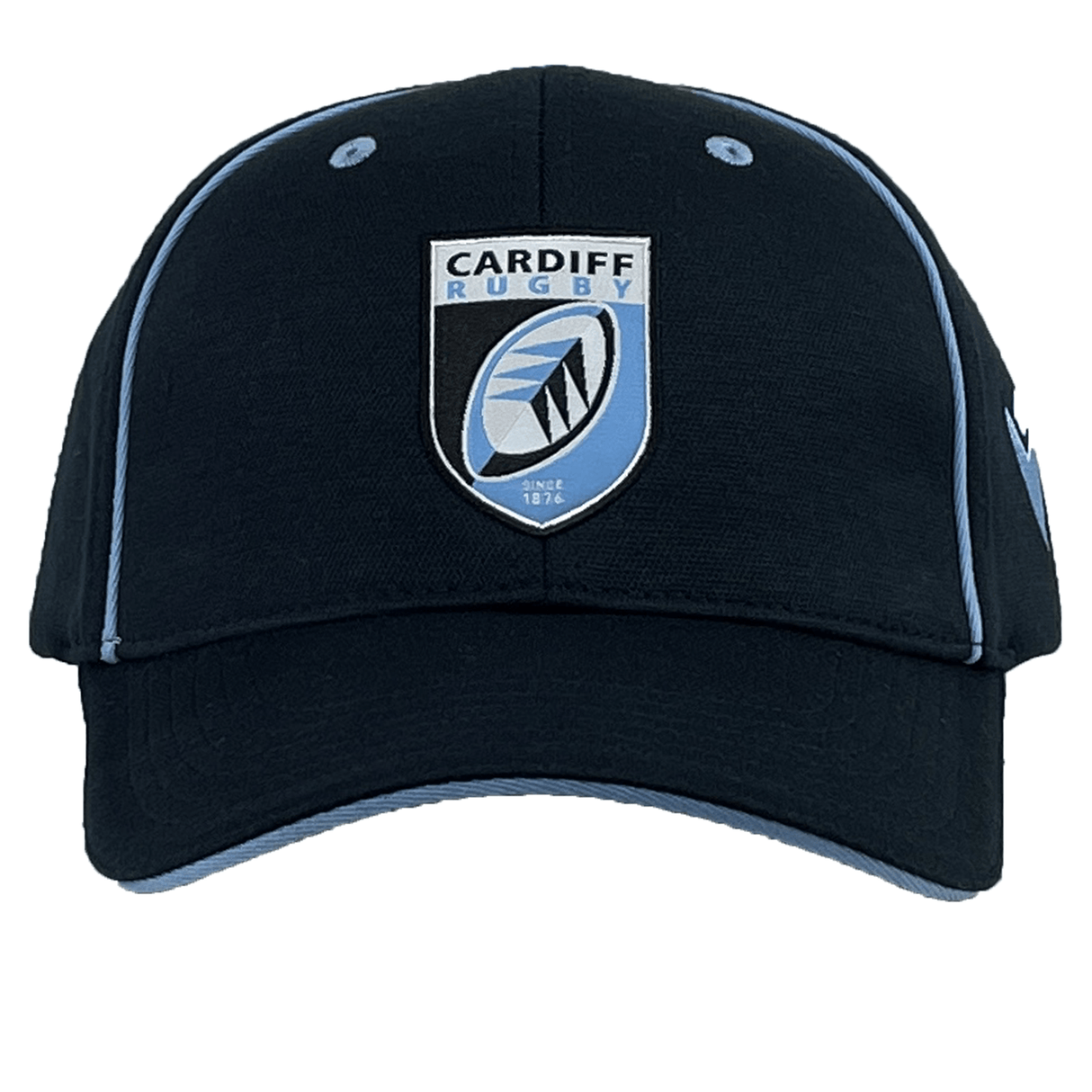 The Cardiff 24/25 Baseball Cap by Macron features a black design with light blue trim and a navy accent, displaying the Cardiff Rugby logo prominently on the front. The cap comes with an adjustable buckle for a perfect fit.