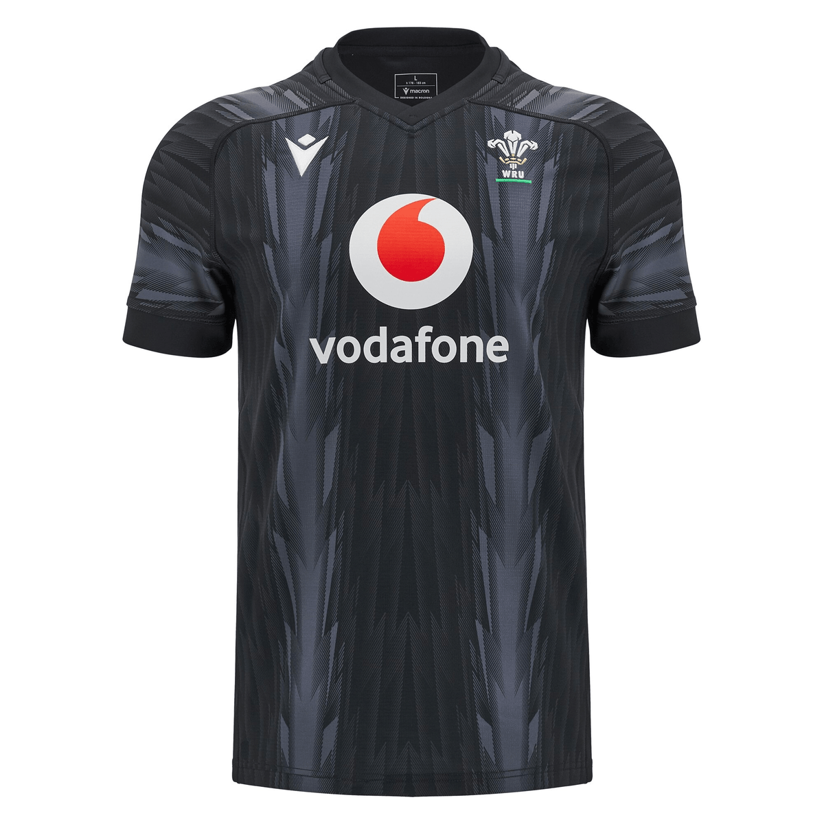 The Wales 24/25 Training Jersey by Macron, in black, features a subtle design alongside the Vodafone logo and the Wales Rugby emblem, capturing the essence of a true Wales Training Jersey.